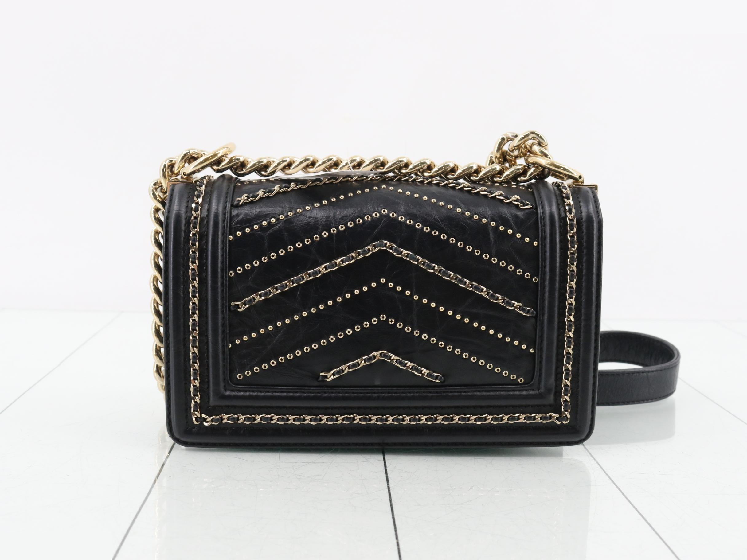 Boy Chanel Leather Studded V-Stitch Chain Shoulder Bag, Black — view 2