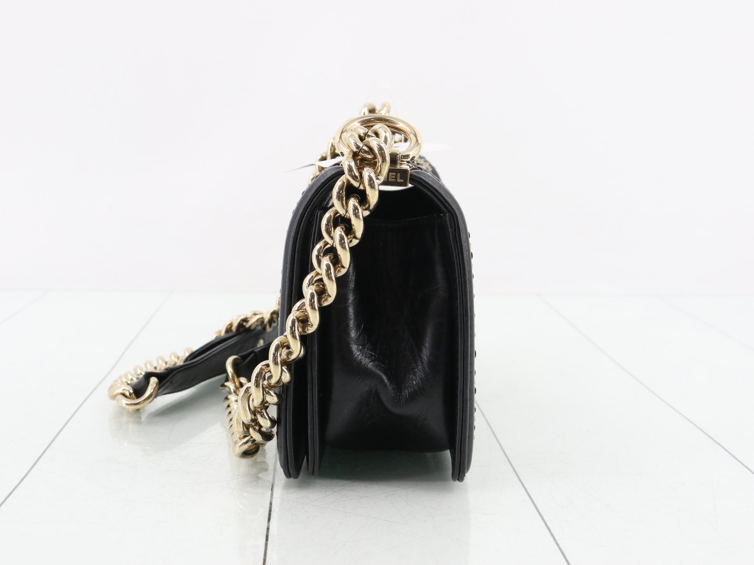 Boy Chanel Leather Studded V-Stitch Chain Shoulder Bag, Black — view 3