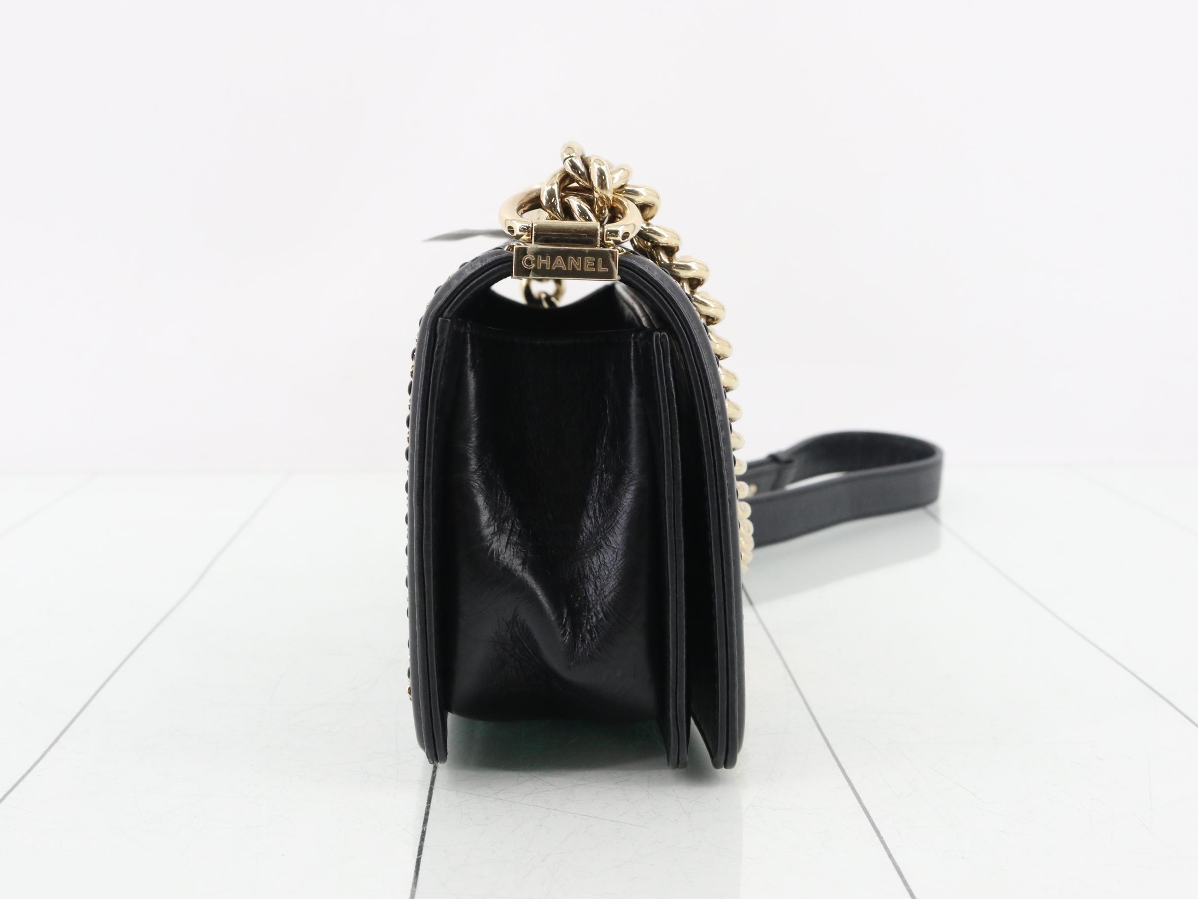 Boy Chanel Leather Studded V-Stitch Chain Shoulder Bag, Black — view 4
