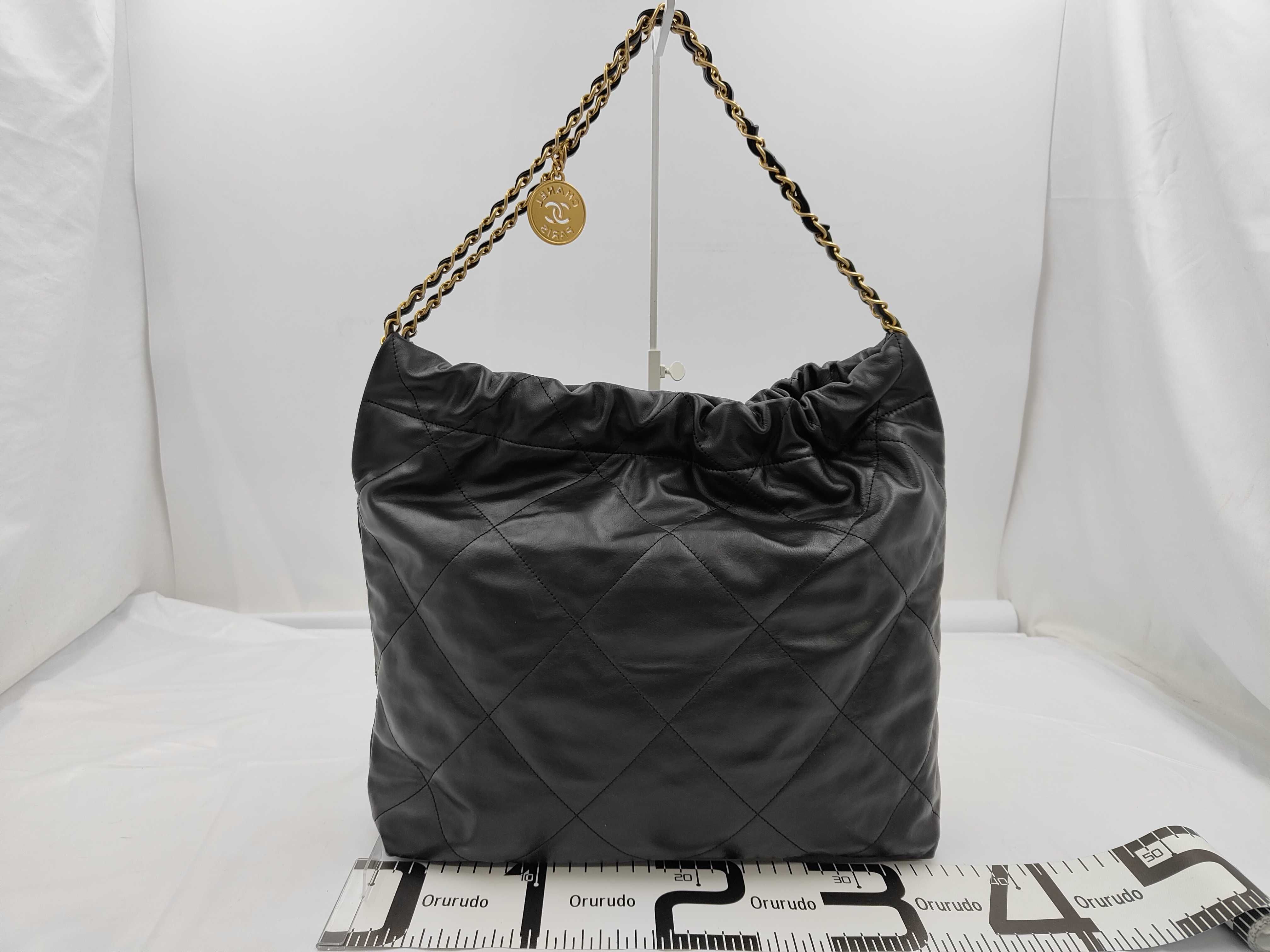 22 Shiny Calfskin Chain Shoulder Bag with Gold Hardware, Serial Number Plate, AS3261, Black Handbag — view 2