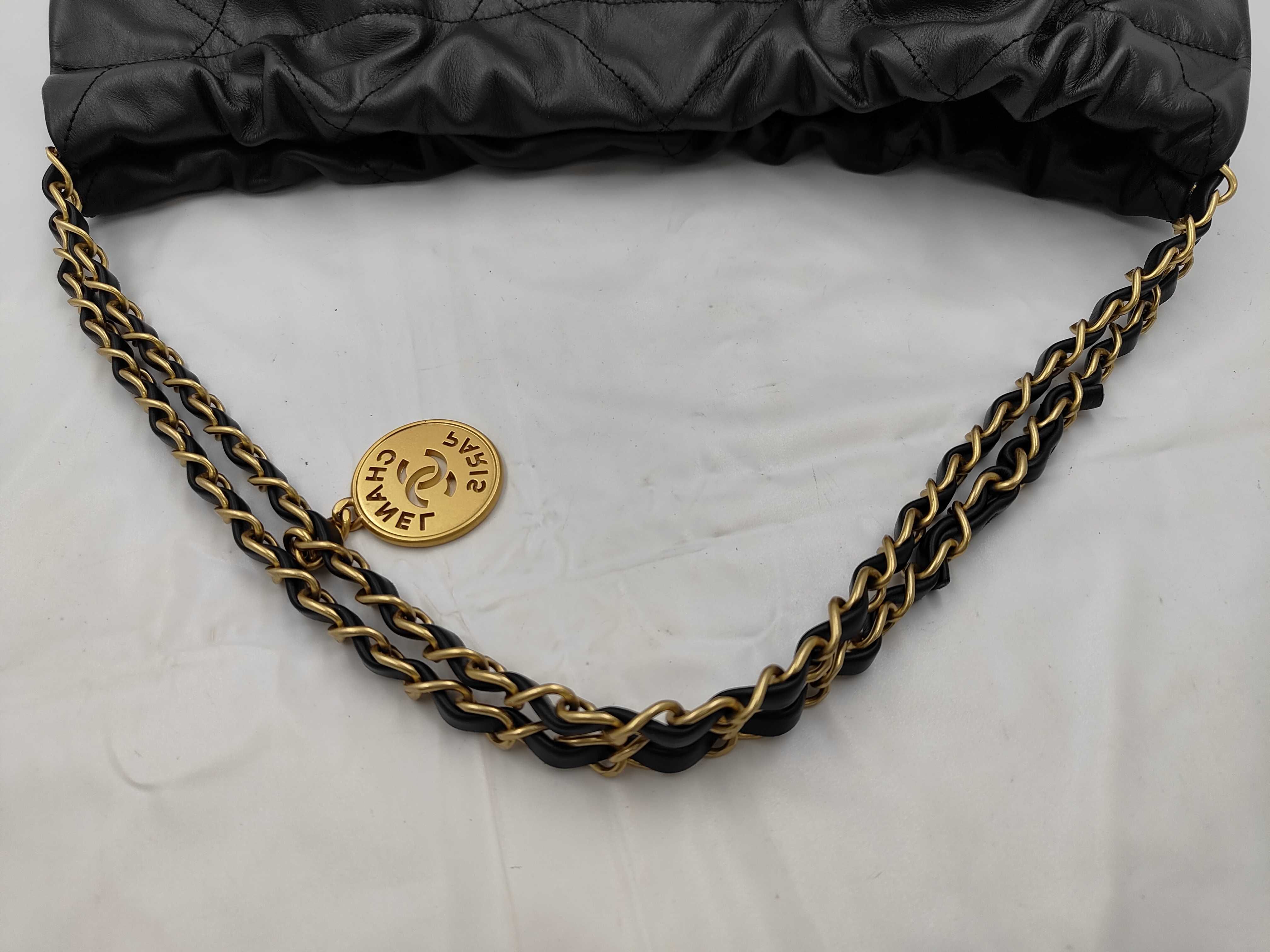 22 Shiny Calfskin Chain Shoulder Bag with Gold Hardware, Serial Number Plate, AS3261, Black Handbag — view 3