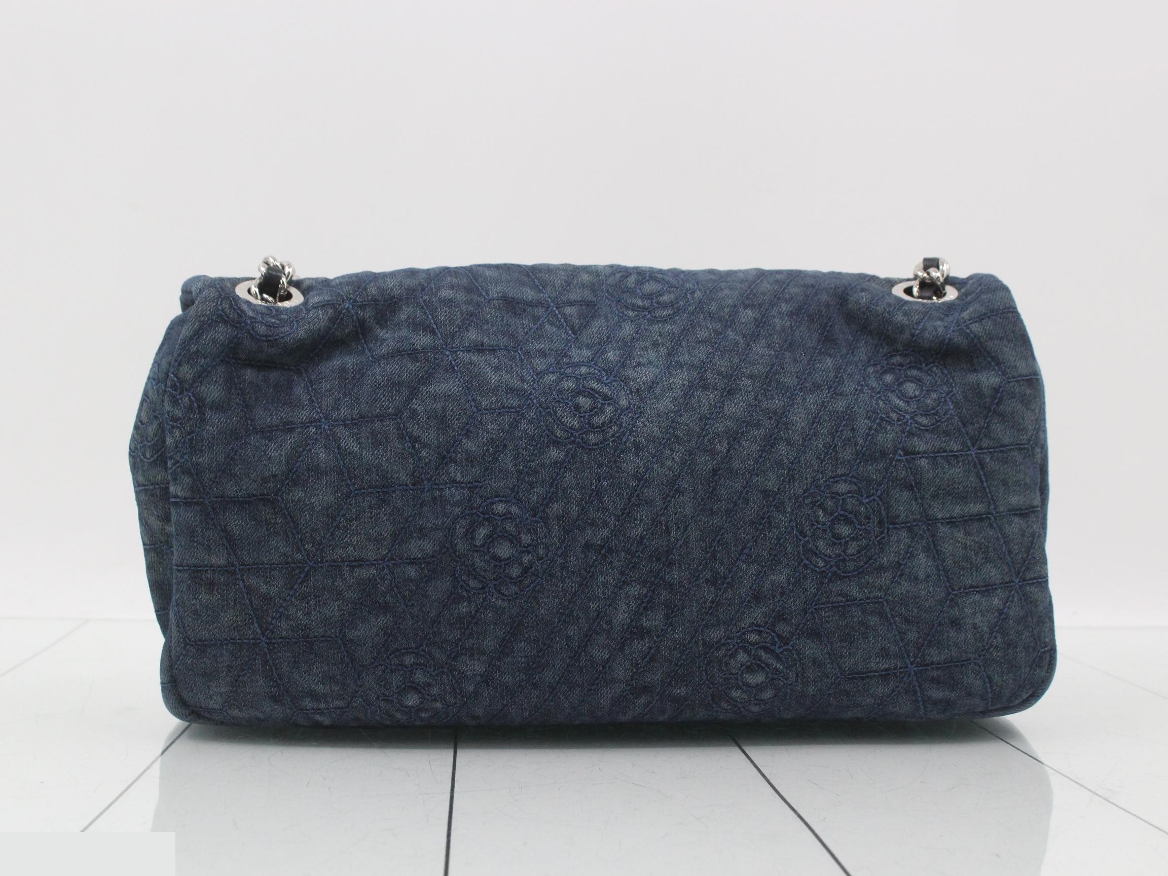 Coco Mark Denim Single Flap Double Chain Bag, Blue — view 2