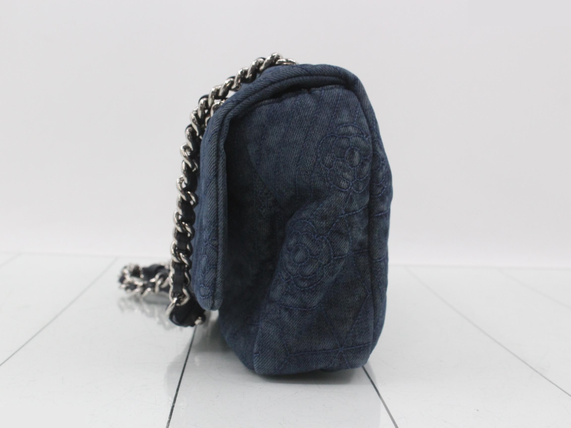 Coco Mark Denim Single Flap Double Chain Bag, Blue — view 3