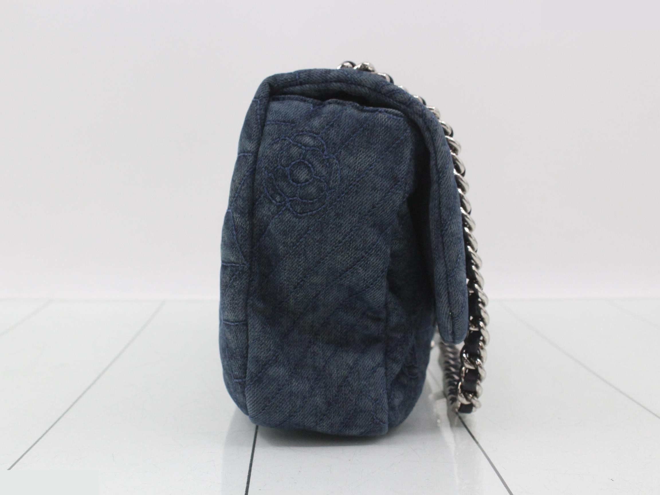 Coco Mark Denim Single Flap Double Chain Bag, Blue — view 4