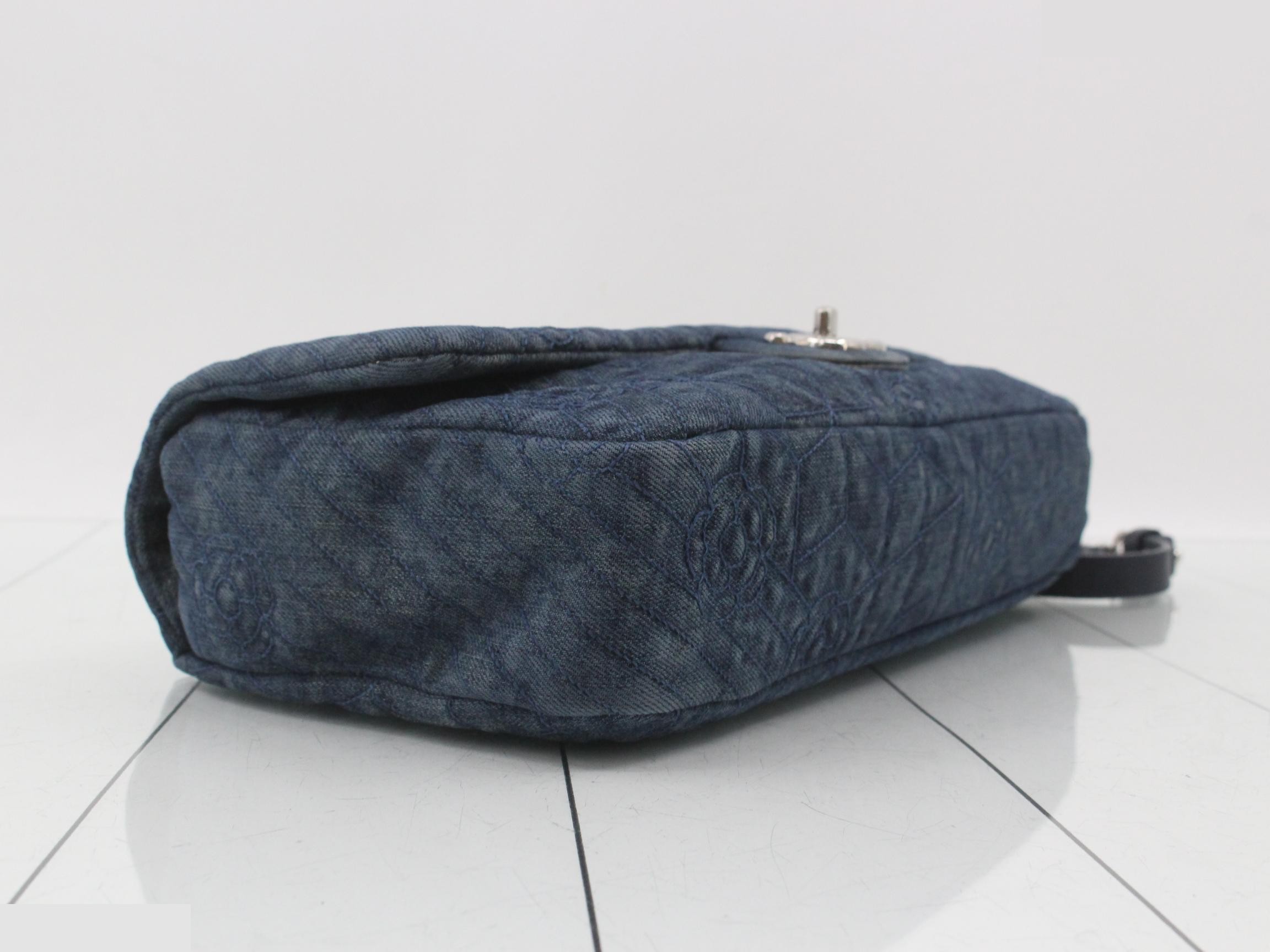 Coco Mark Denim Single Flap Double Chain Bag, Blue — view 5
