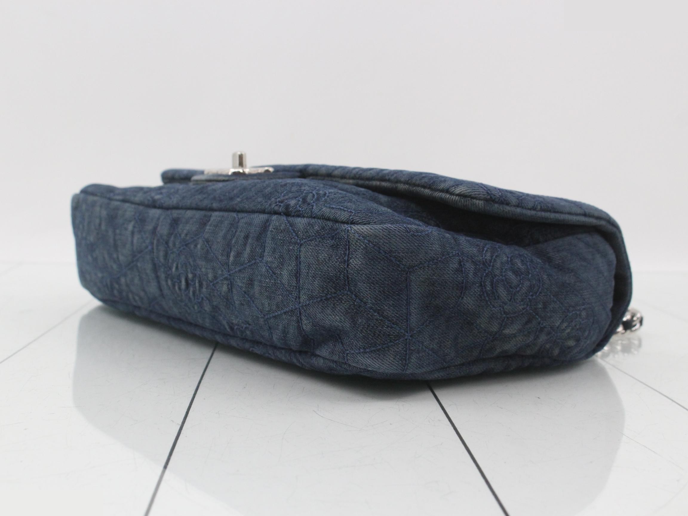 Coco Mark Denim Single Flap Double Chain Bag, Blue — view 6