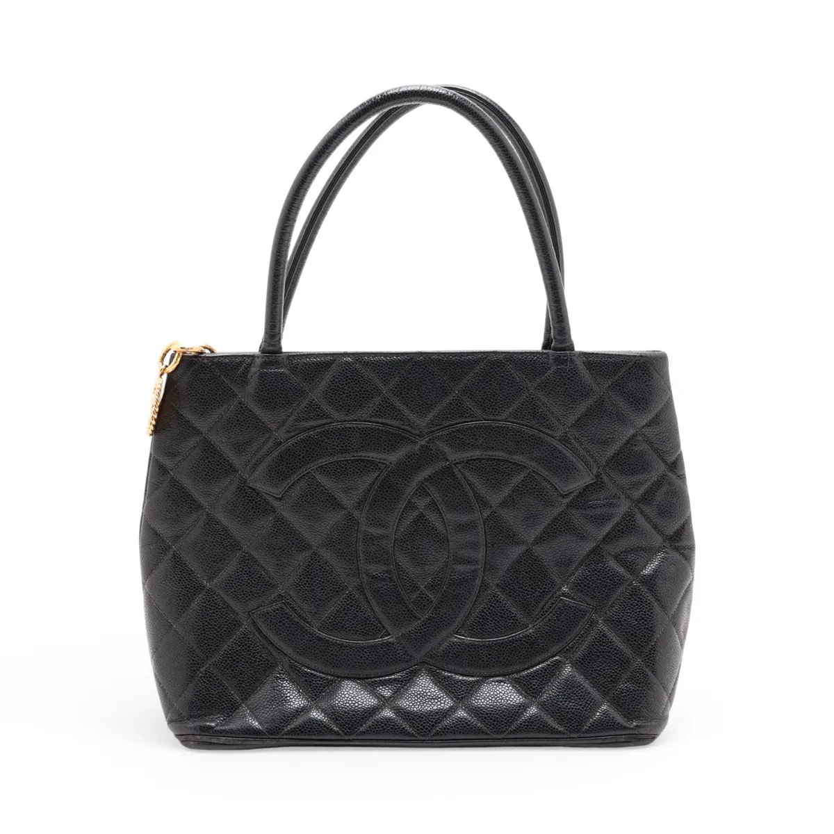 reissue caviar leather tote bag, black with gold hardware.