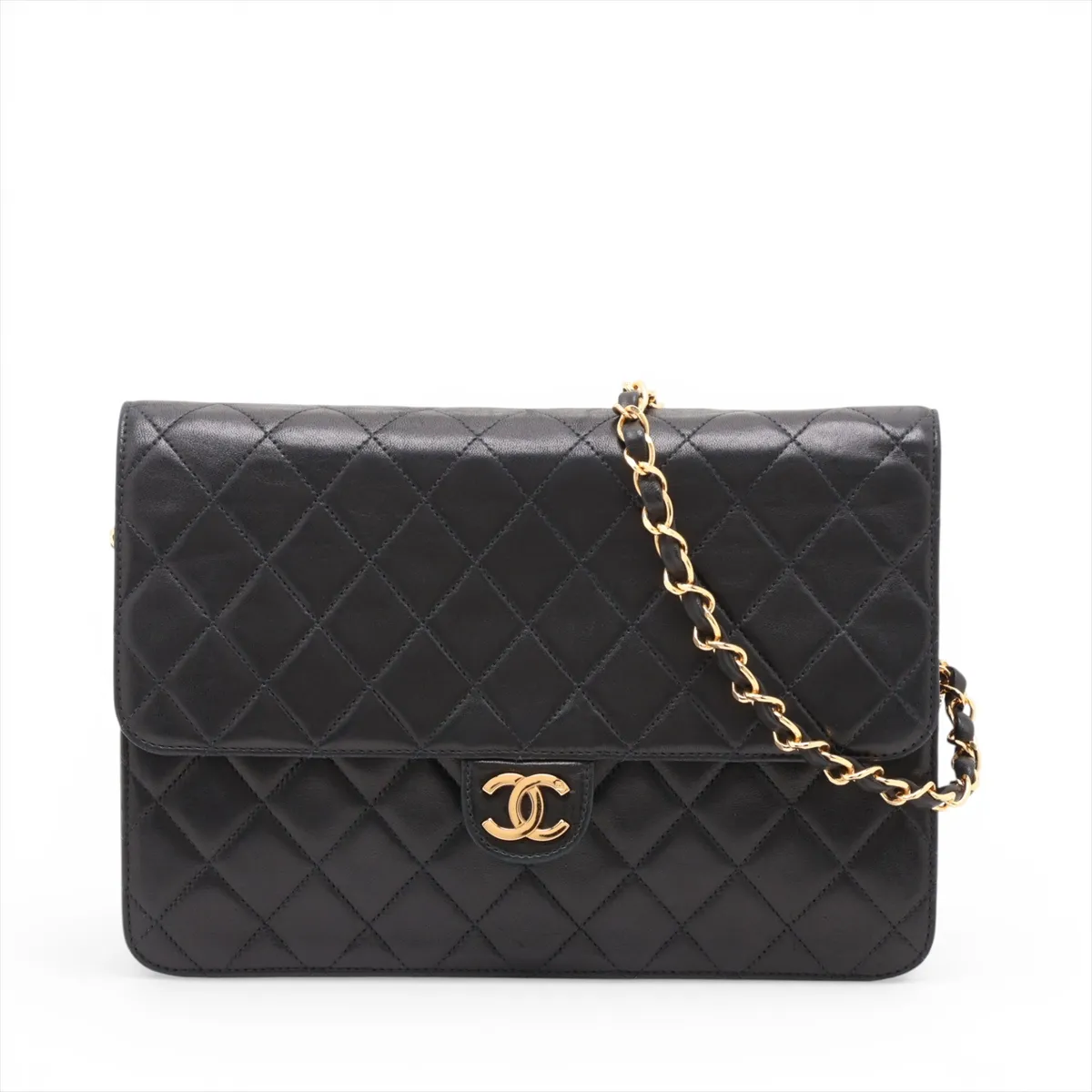 Matelassé Lambskin Chain Shoulder Bag, Push Lock, Black with Gold Hardware, 4365852, Series 4