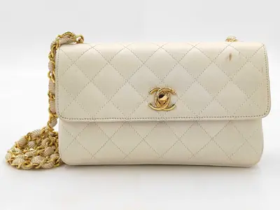 Matelassé Satin Single Flap Single Chain Bag, White with Gold Hardware, 0463634 (Serial Number 0-series), Shoulder Bag