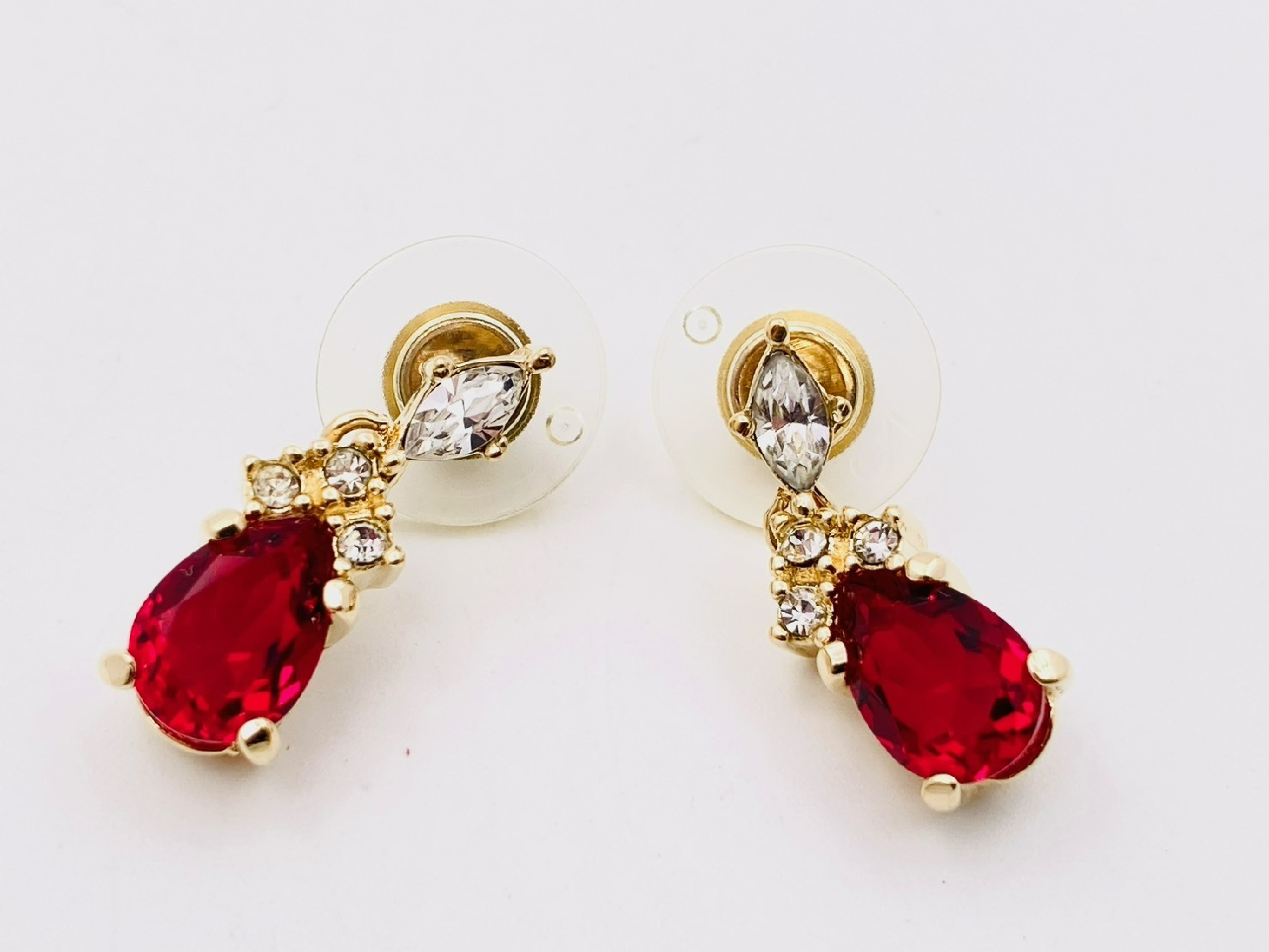 Teardrop Swing Earrings with Colored Stones and Rhinestones, Red x Gold — view 2