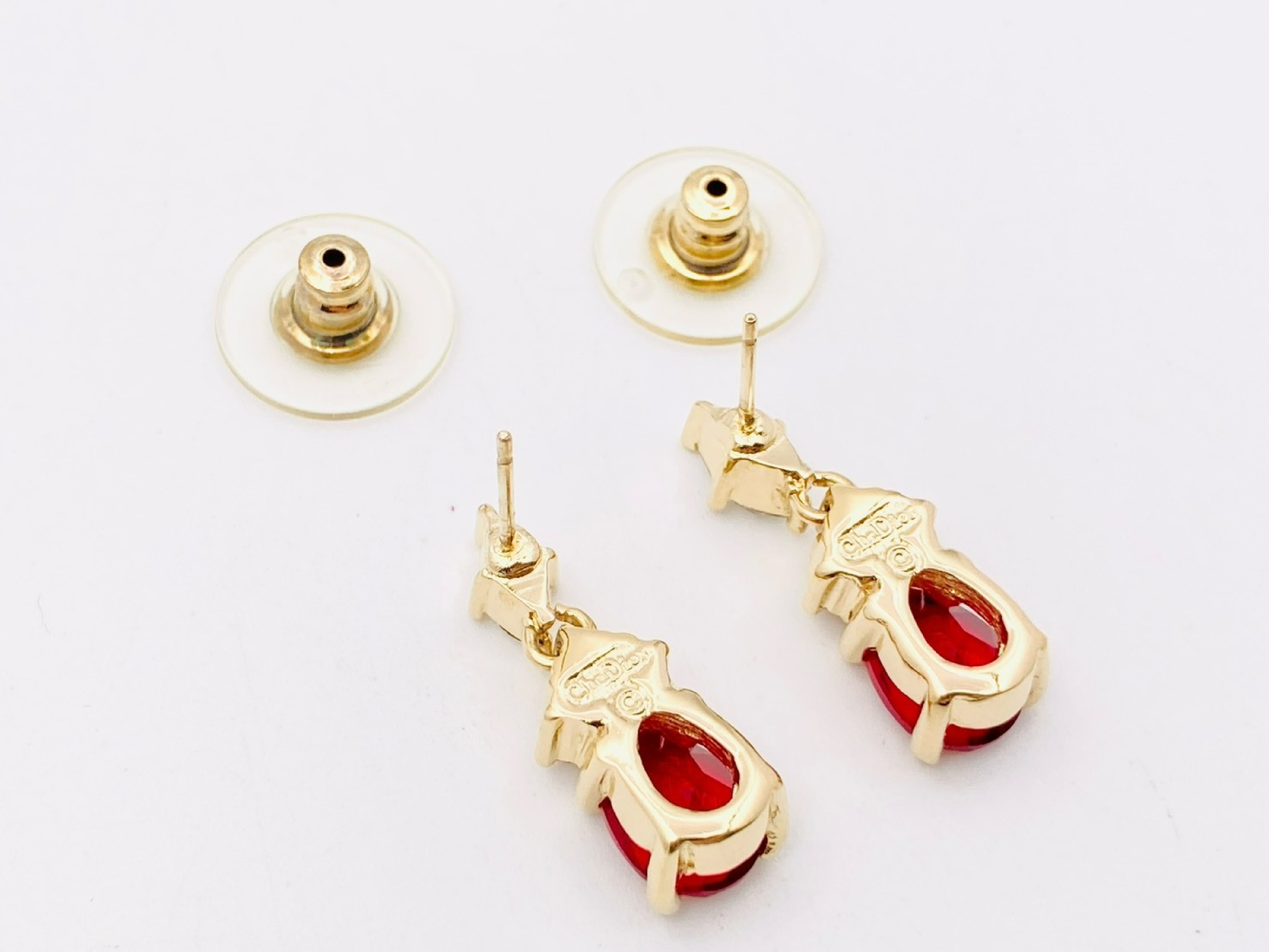 Teardrop Swing Earrings with Colored Stones and Rhinestones, Red x Gold — view 3