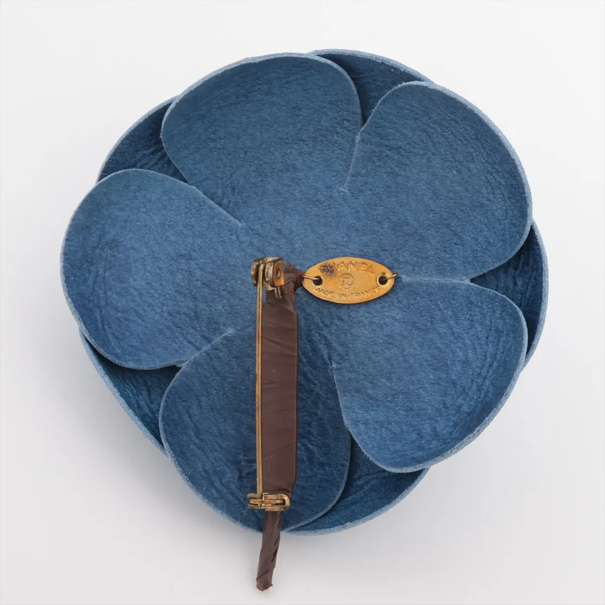 Camellia Brooch, Leather, Blue. Shows signs of wear: — view 2