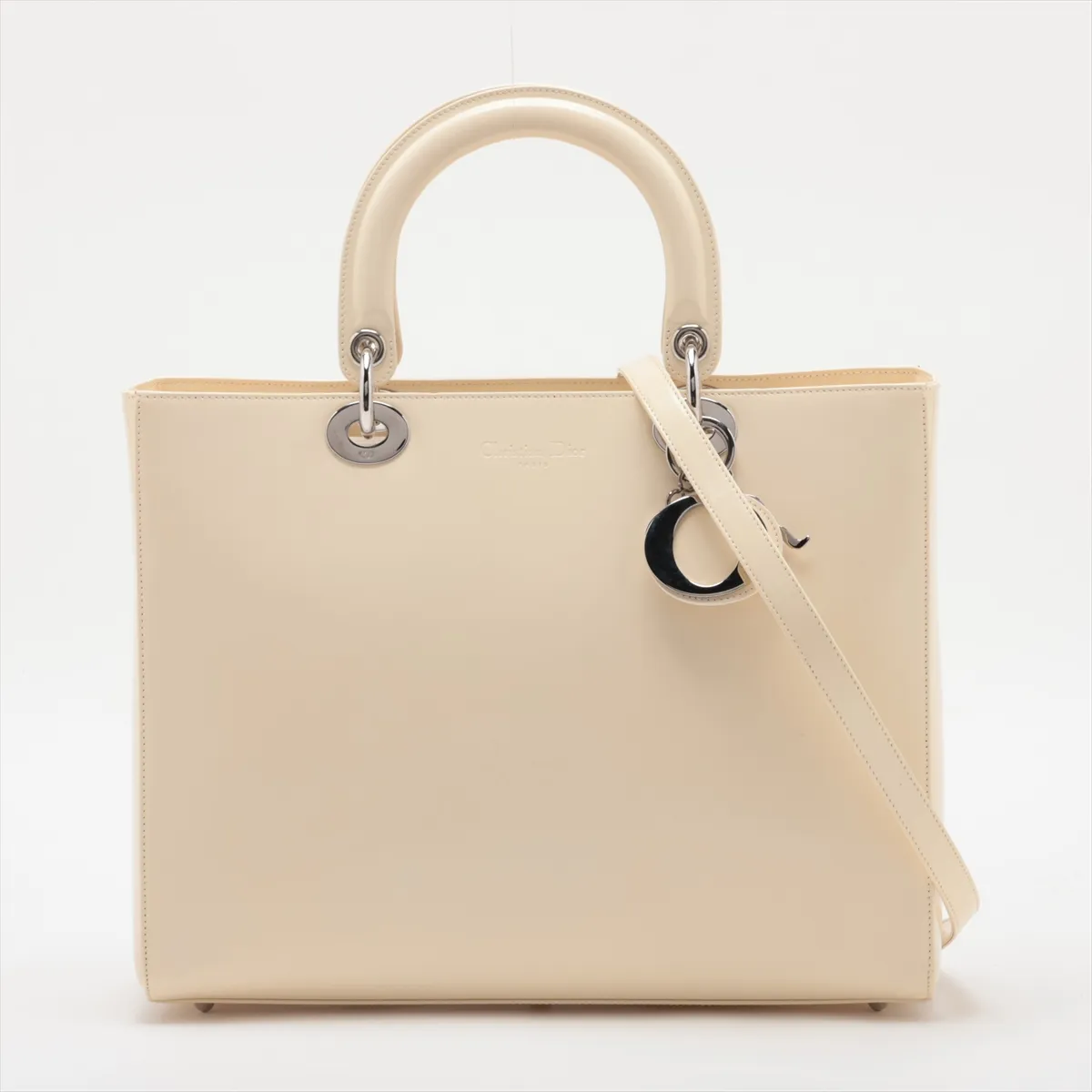 Lady Dior Large Patent Leather 2-Way Handbag, Beige, Unsigned Guarantee Card