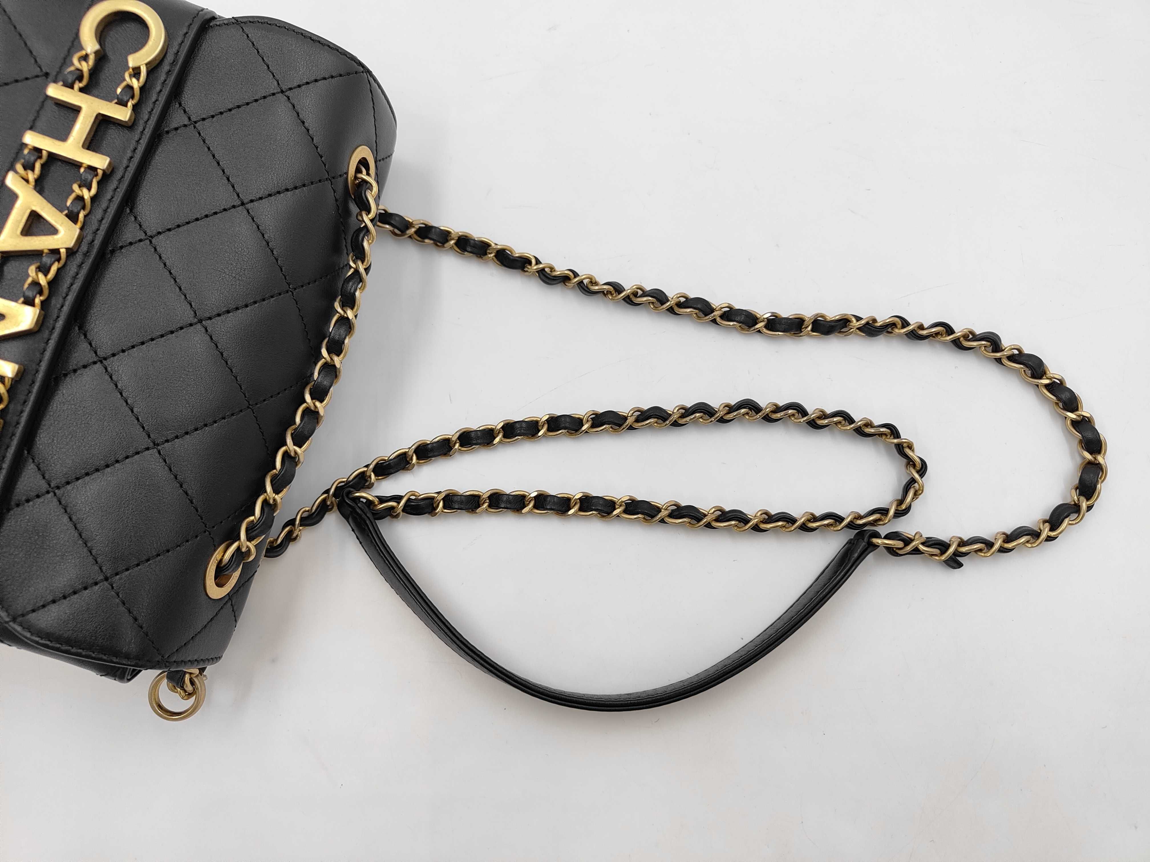 Enchained Logo Flap Chain Shoulder Bag, Black Lambskin, Gold Hardware. — view 3