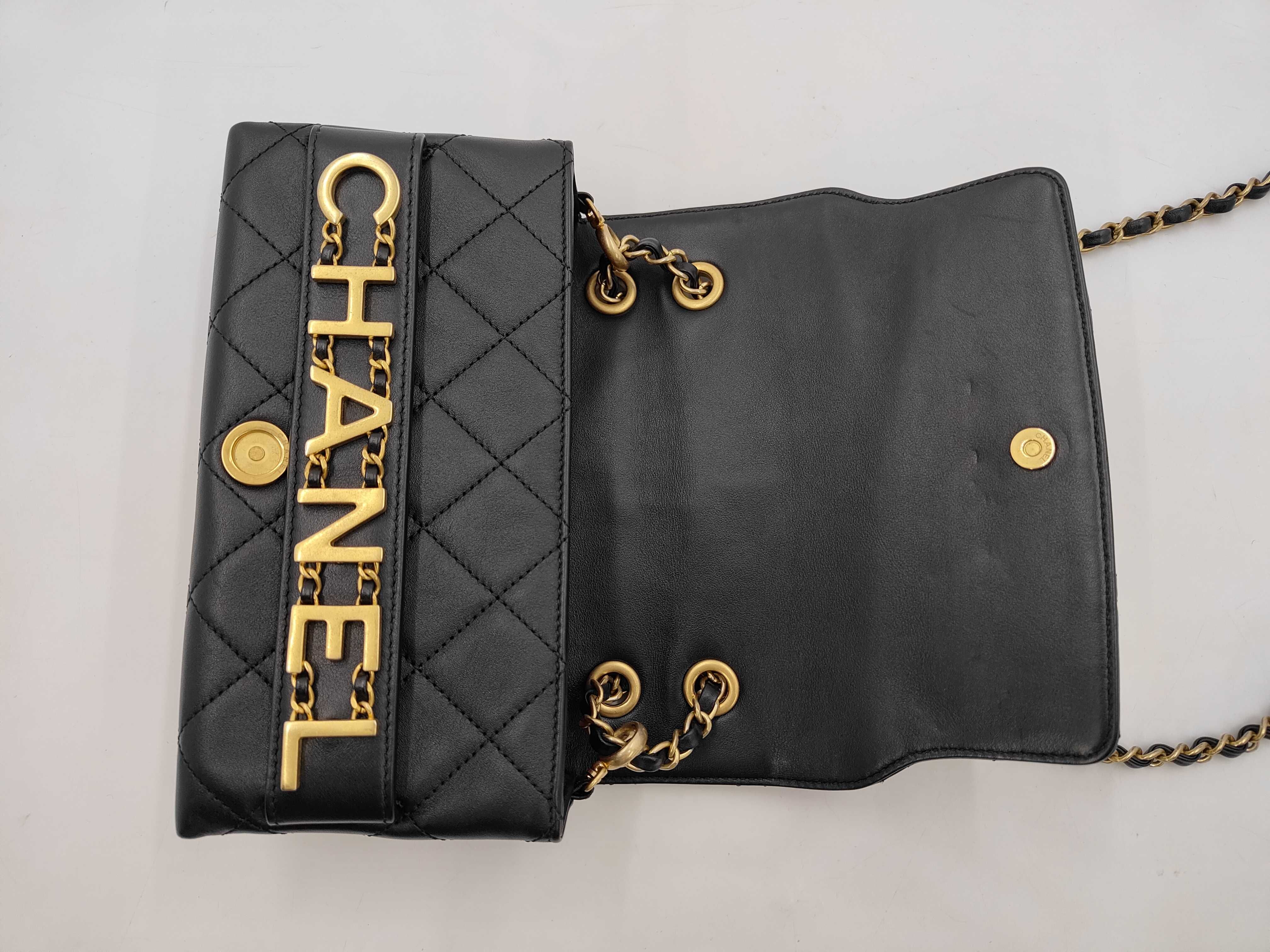 Enchained Logo Flap Chain Shoulder Bag, Black Lambskin, Gold Hardware. — view 8