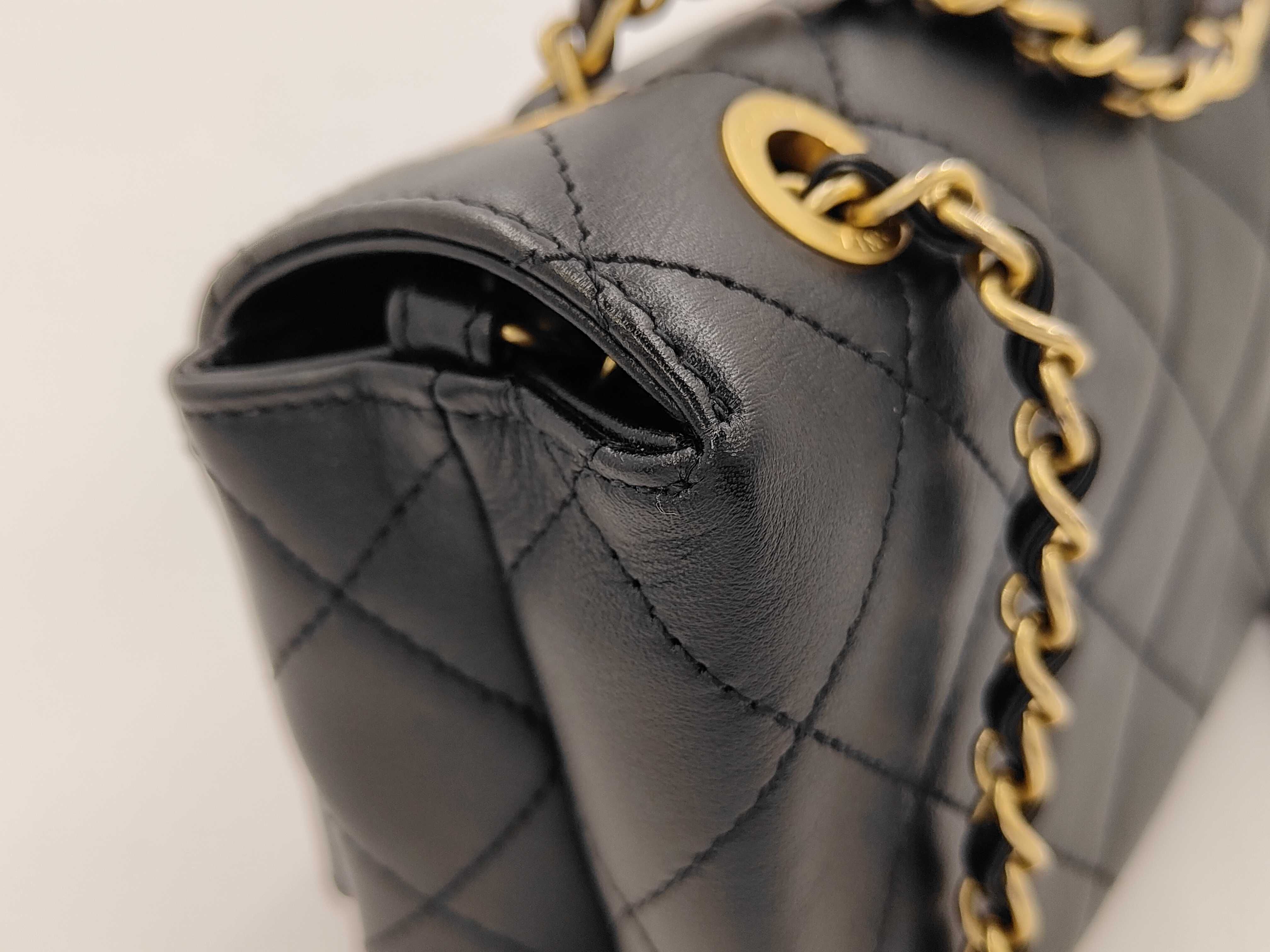 Enchained Logo Flap Chain Shoulder Bag, Black Lambskin, Gold Hardware. — view 9