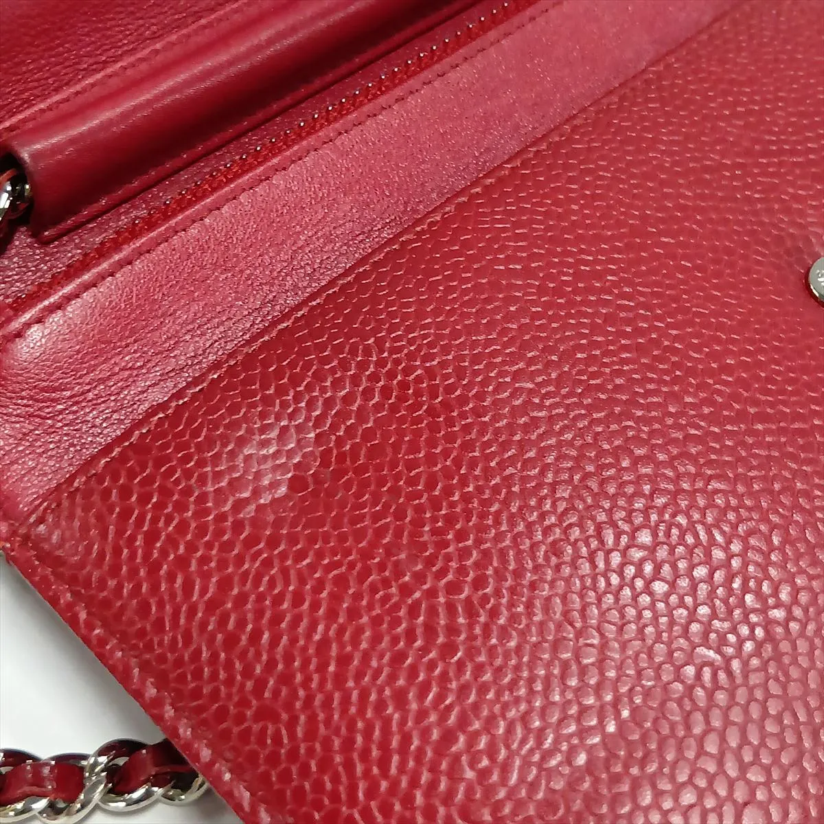 Coco Mark Caviar Skin Chain Wallet, Red, Silver Hardware, 16342427, Serial Number 16 — view 14
