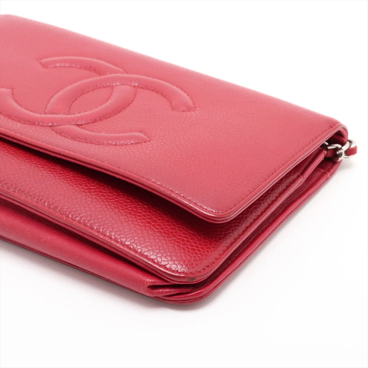 Coco Mark Caviar Skin Chain Wallet, Red, Silver Hardware, 16342427, Serial Number 16 — view 3