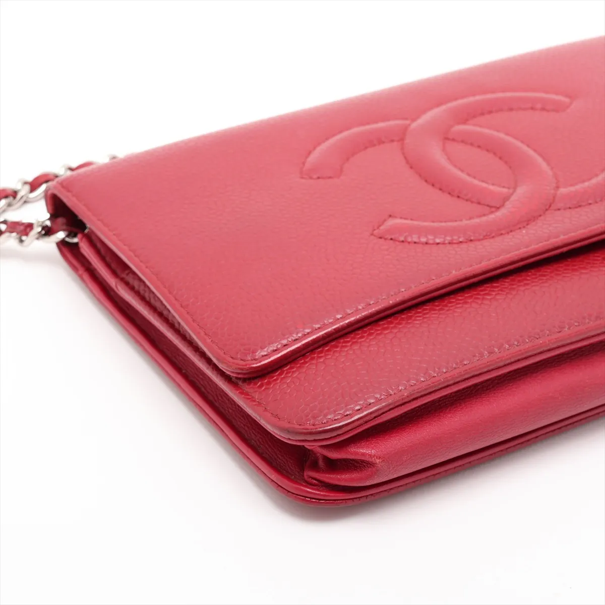 Coco Mark Caviar Skin Chain Wallet, Red, Silver Hardware, 16342427, Serial Number 16 — view 4