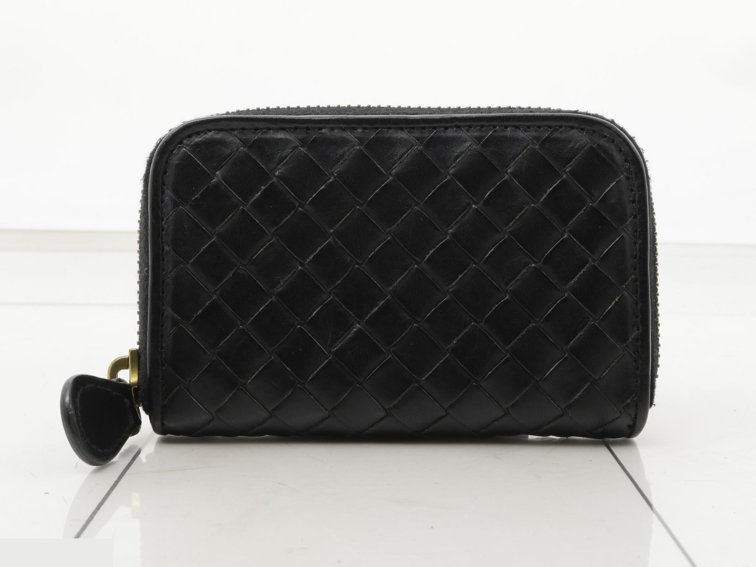 Intrecciato Round Zipper Coin Case, Black