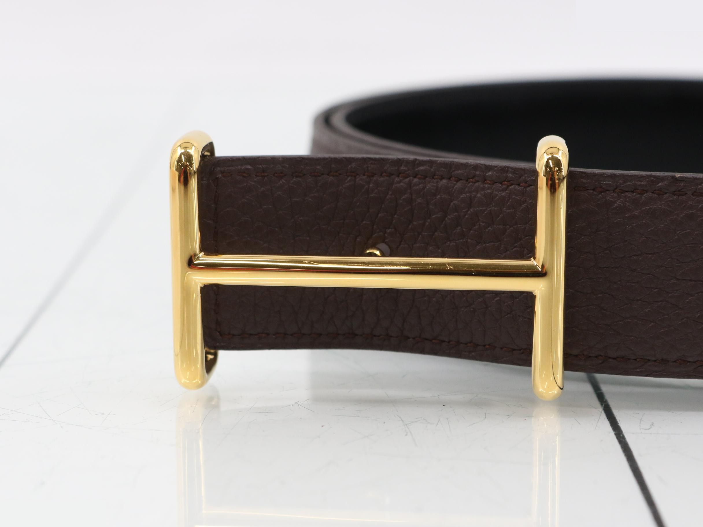 Leather belt, brown, size #85, H-buckle, gold. — view 3