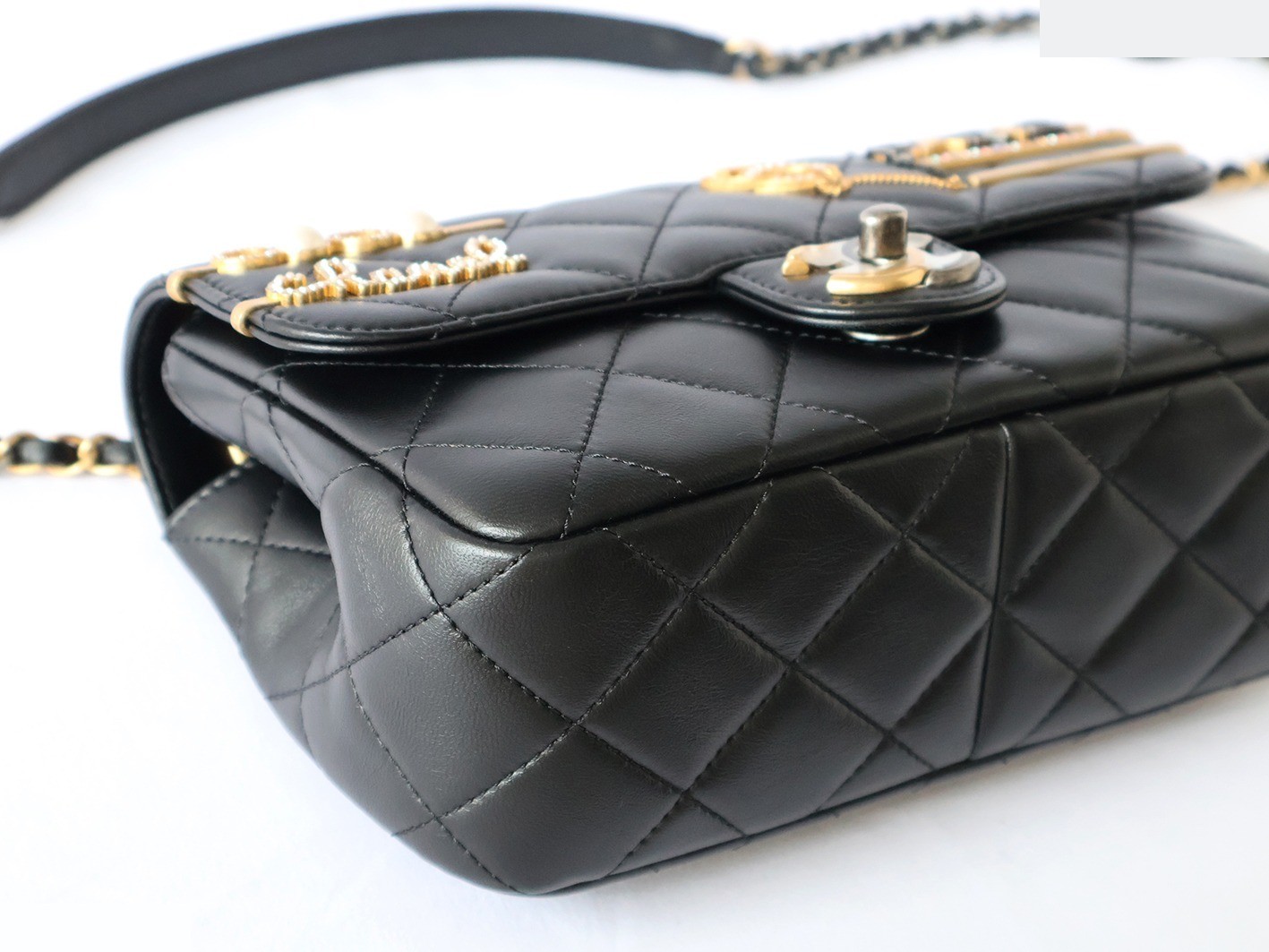 Matelassé Double Chain Shoulder Bag, Black — view 3