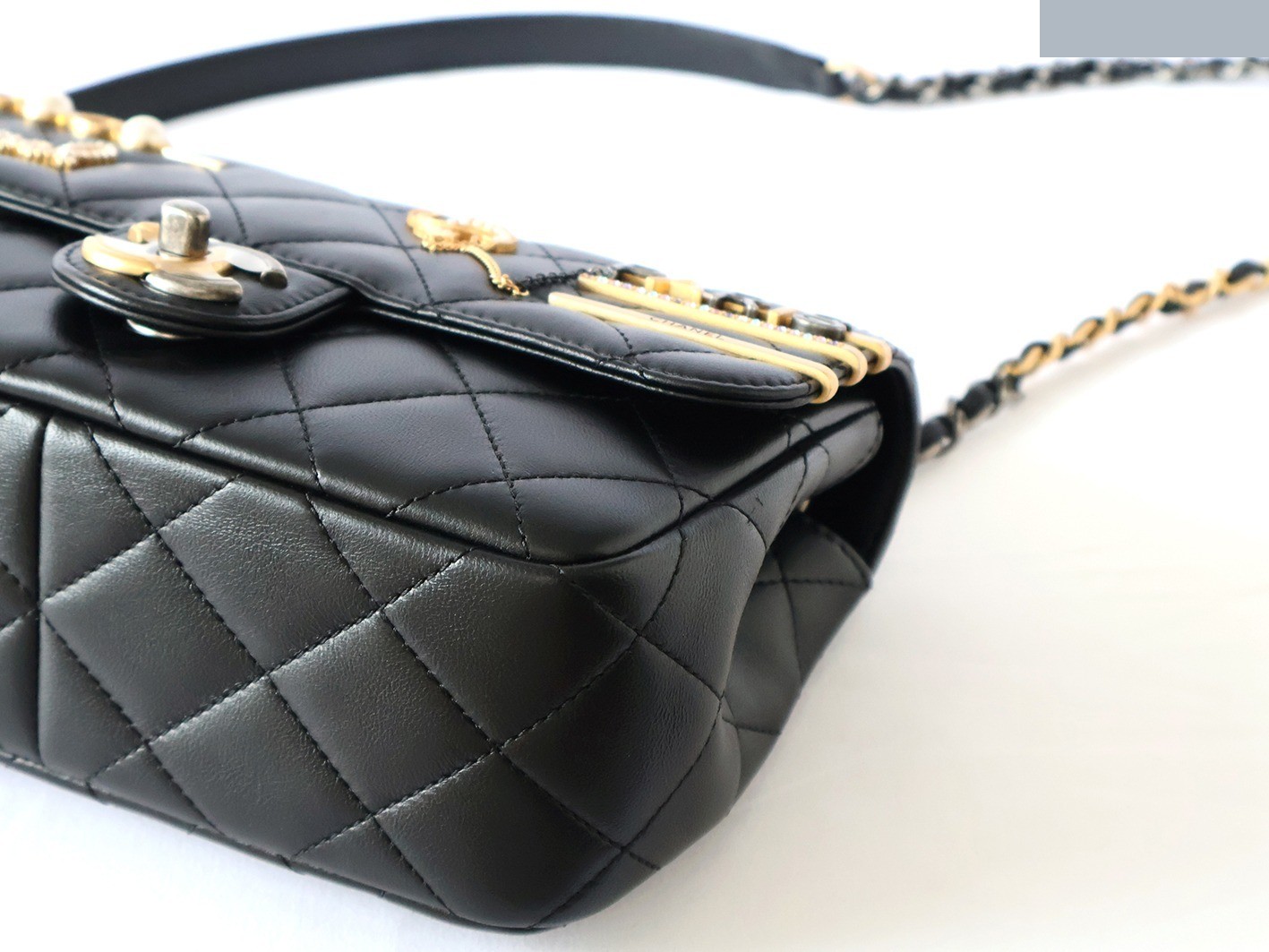 Matelassé Double Chain Shoulder Bag, Black — view 4