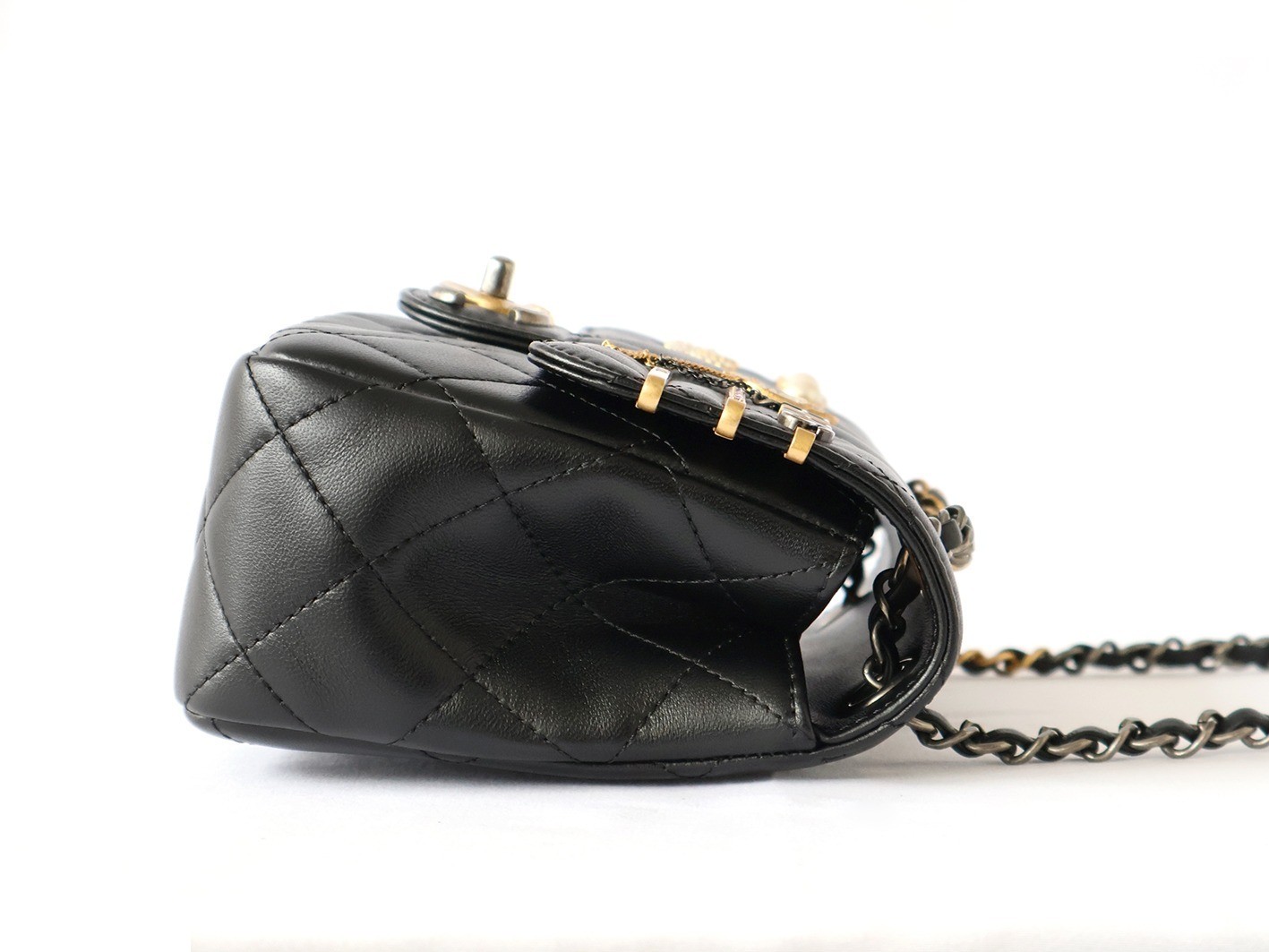 Matelassé Double Chain Shoulder Bag, Black — view 6