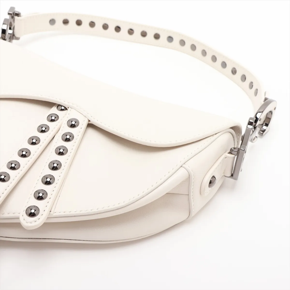 Saddle Leather x Studs 2-Way Handbag, White — view 3