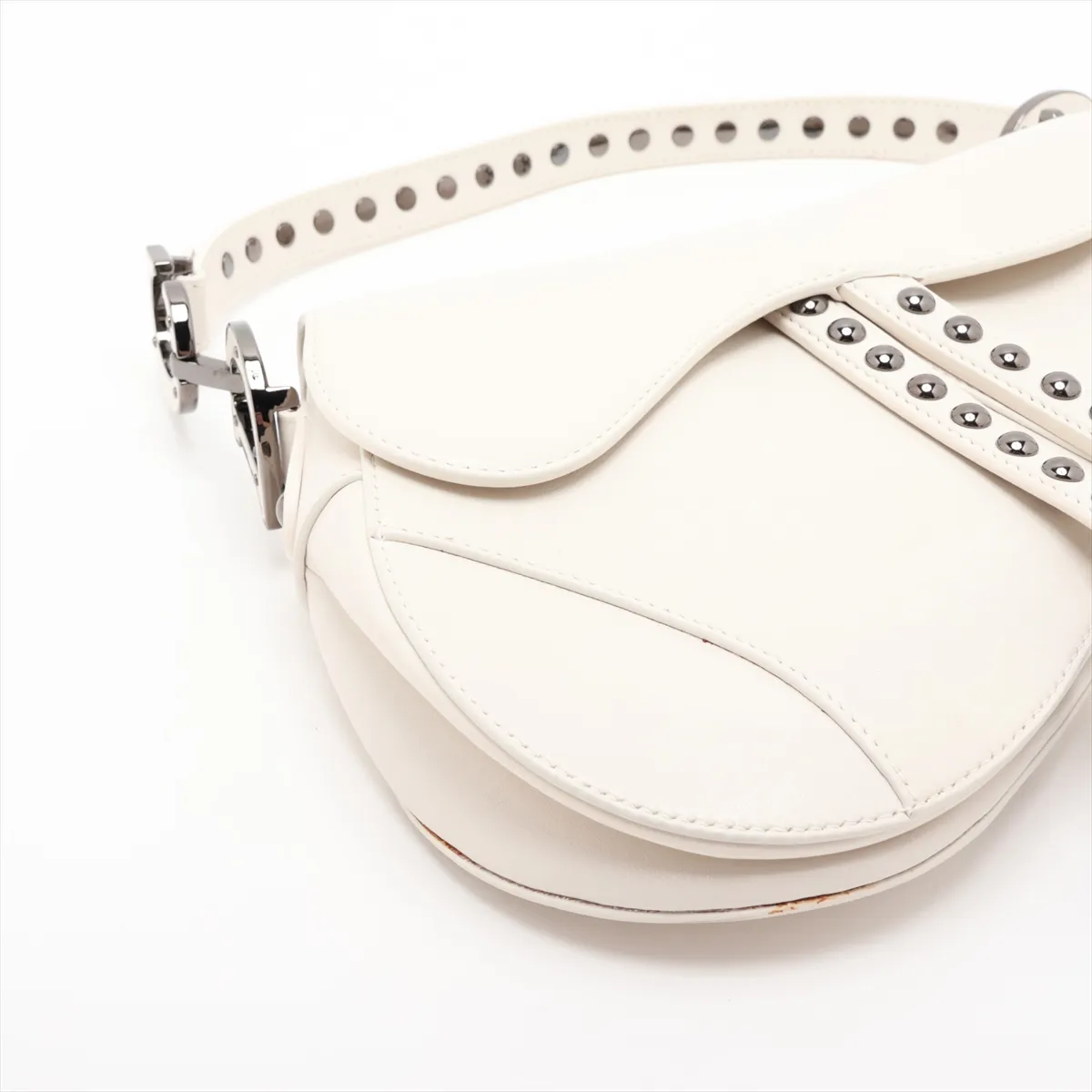Saddle Leather x Studs 2-Way Handbag, White — view 4