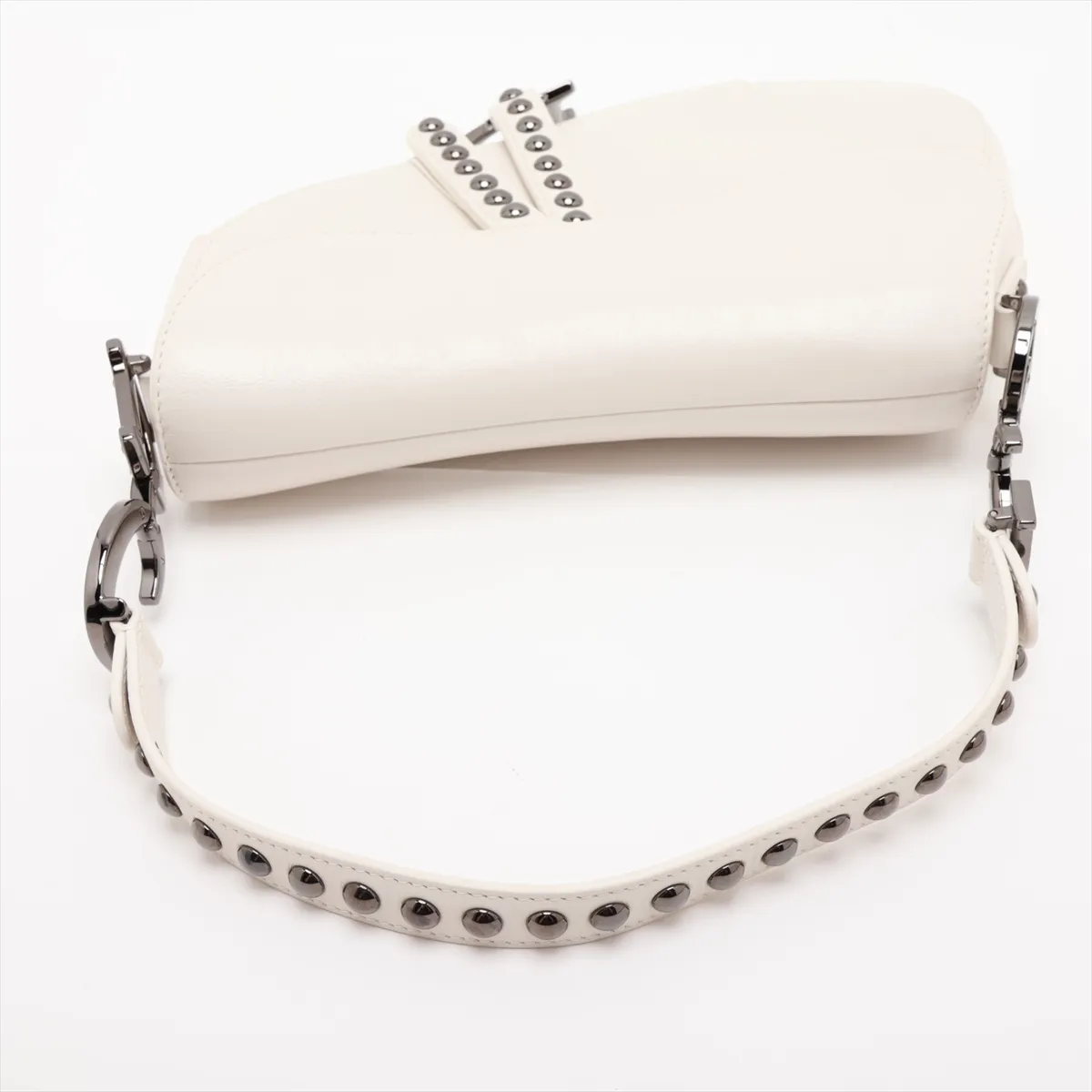 Saddle Leather x Studs 2-Way Handbag, White — view 5
