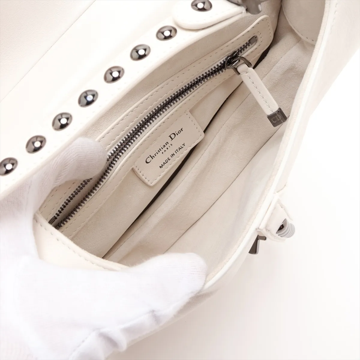 Saddle Leather x Studs 2-Way Handbag, White — view 8