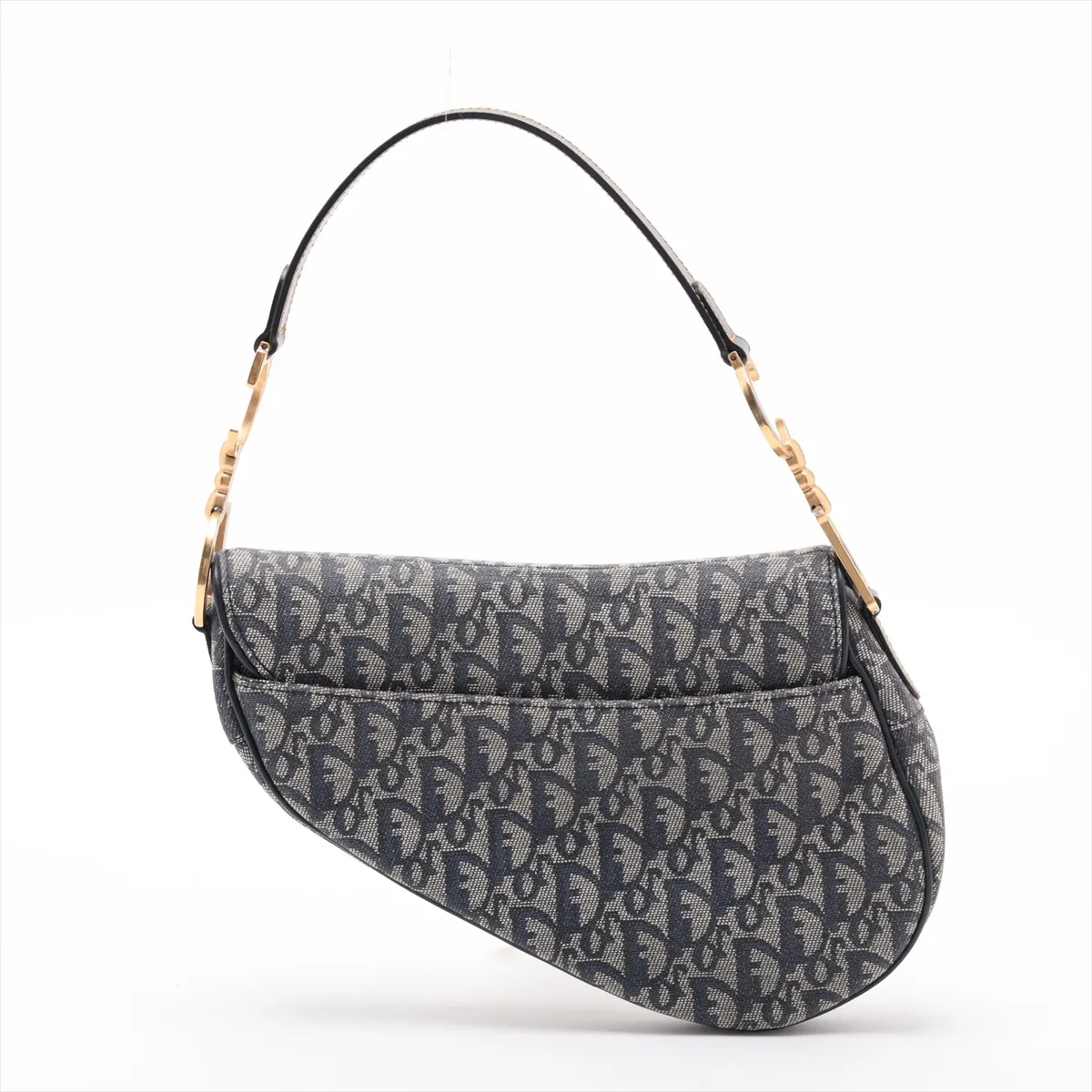 Oblique Saddle Canvas x Leather Handbag, Navy — view 2