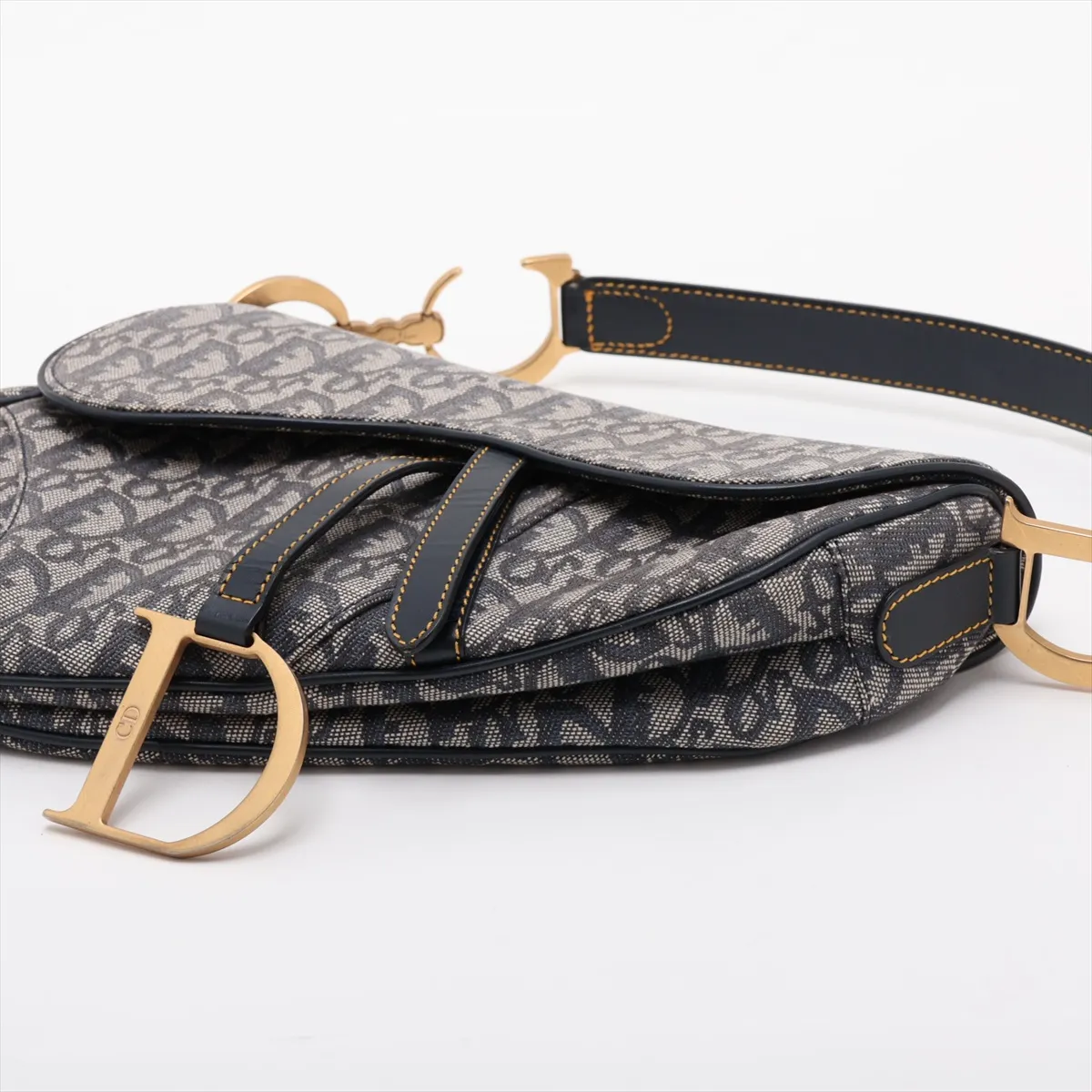Oblique Saddle Canvas x Leather Handbag, Navy — view 3