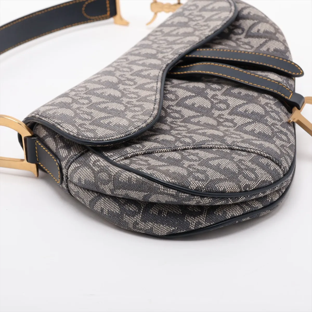 Oblique Saddle Canvas x Leather Handbag, Navy — view 4