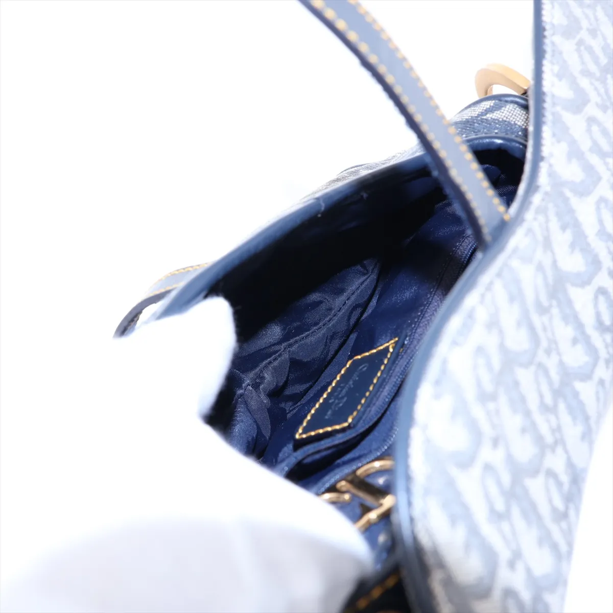 Oblique Saddle Canvas x Leather Handbag, Navy — view 7