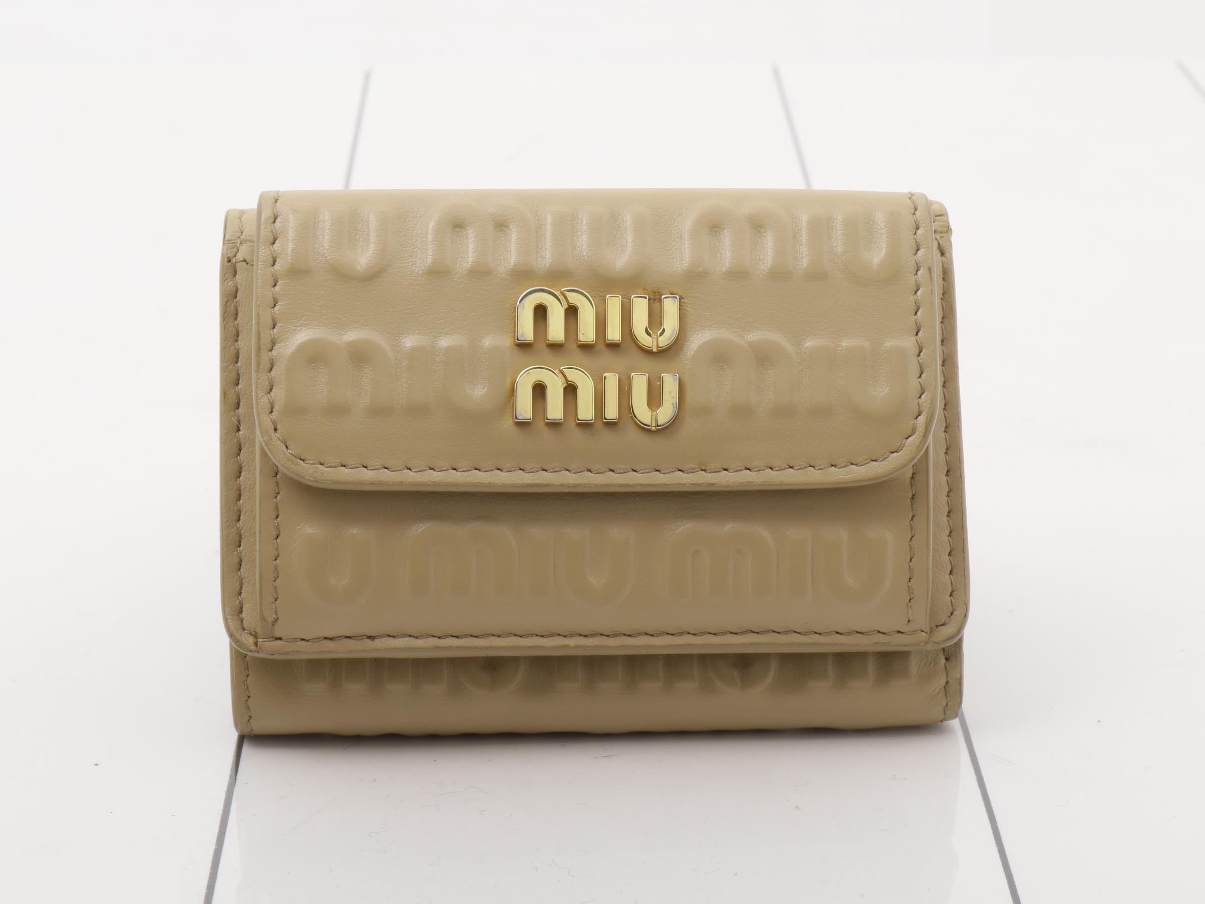 5MH021 Logo Tri-fold Wallet, Leather, Beige
