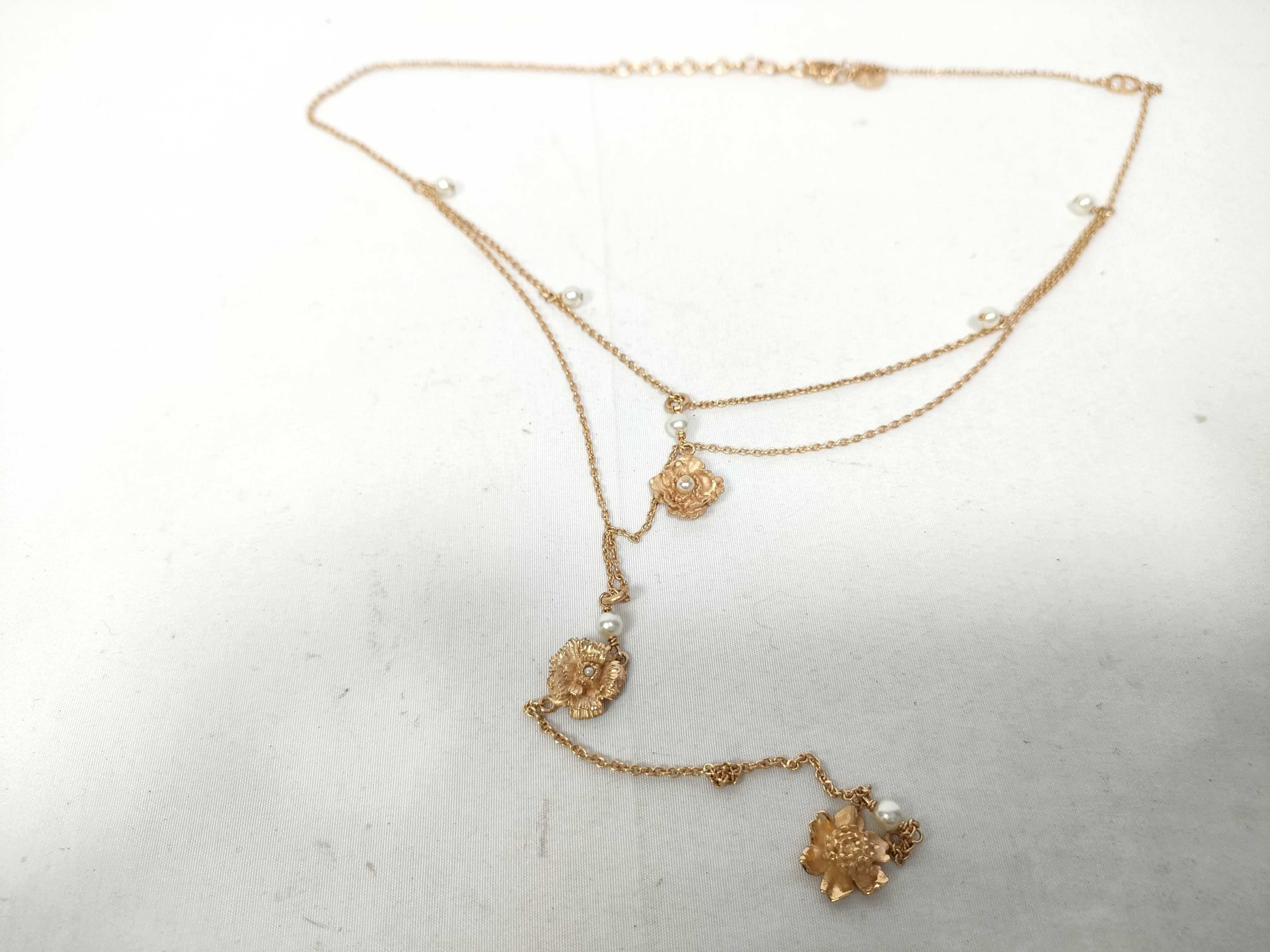 D-Millefiori Flower Motif Faux Pearl Double Chain Necklace — view 2