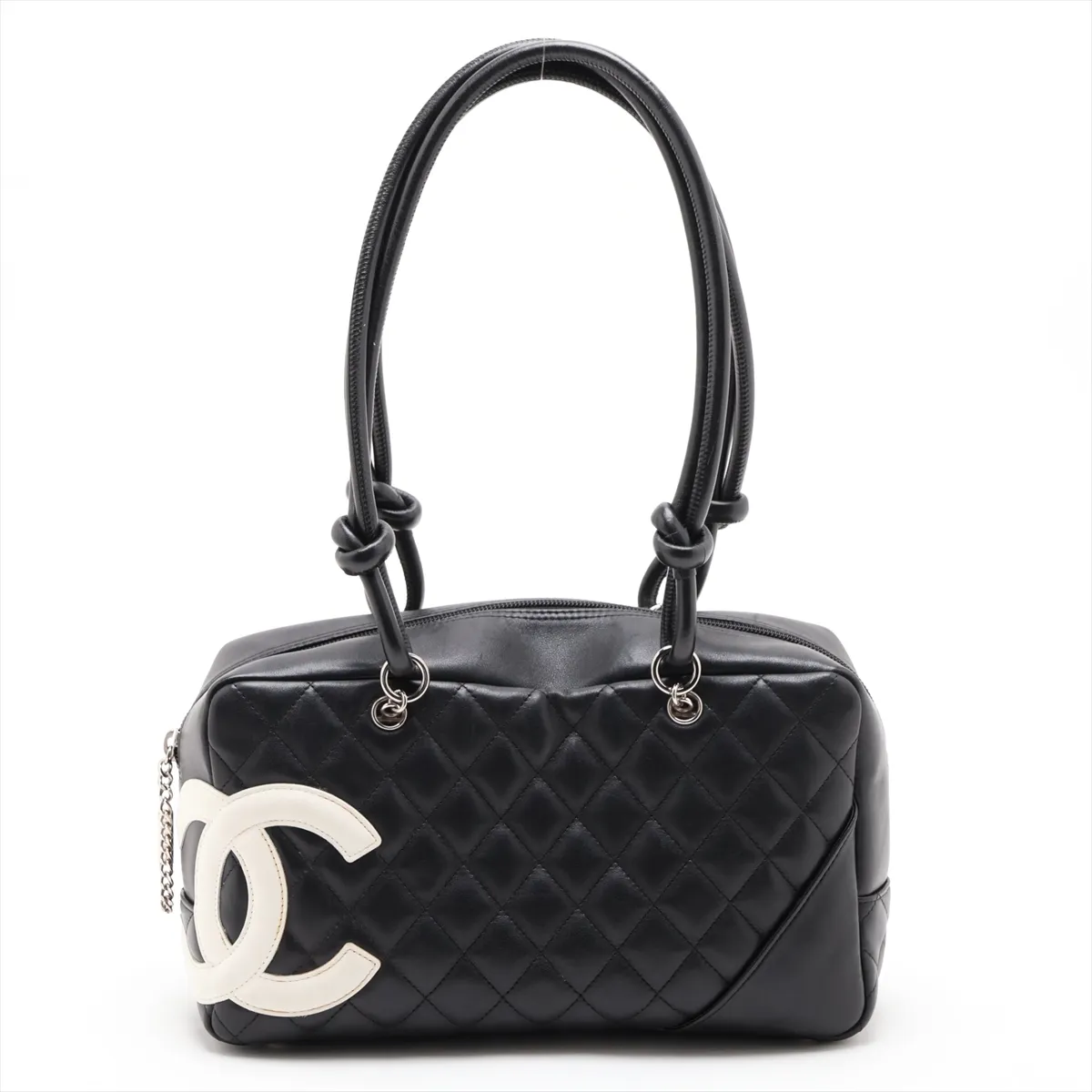 Cambon Line Lambskin Shoulder Bag, Black x White, Silver Hardware, 10083401 (Serial Number in the 10s)