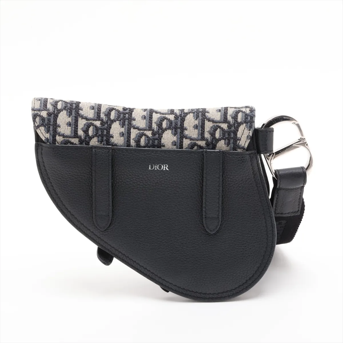 Oblique Saddle Canvas x Leather Clutch Bag, Navy x Black — view 2