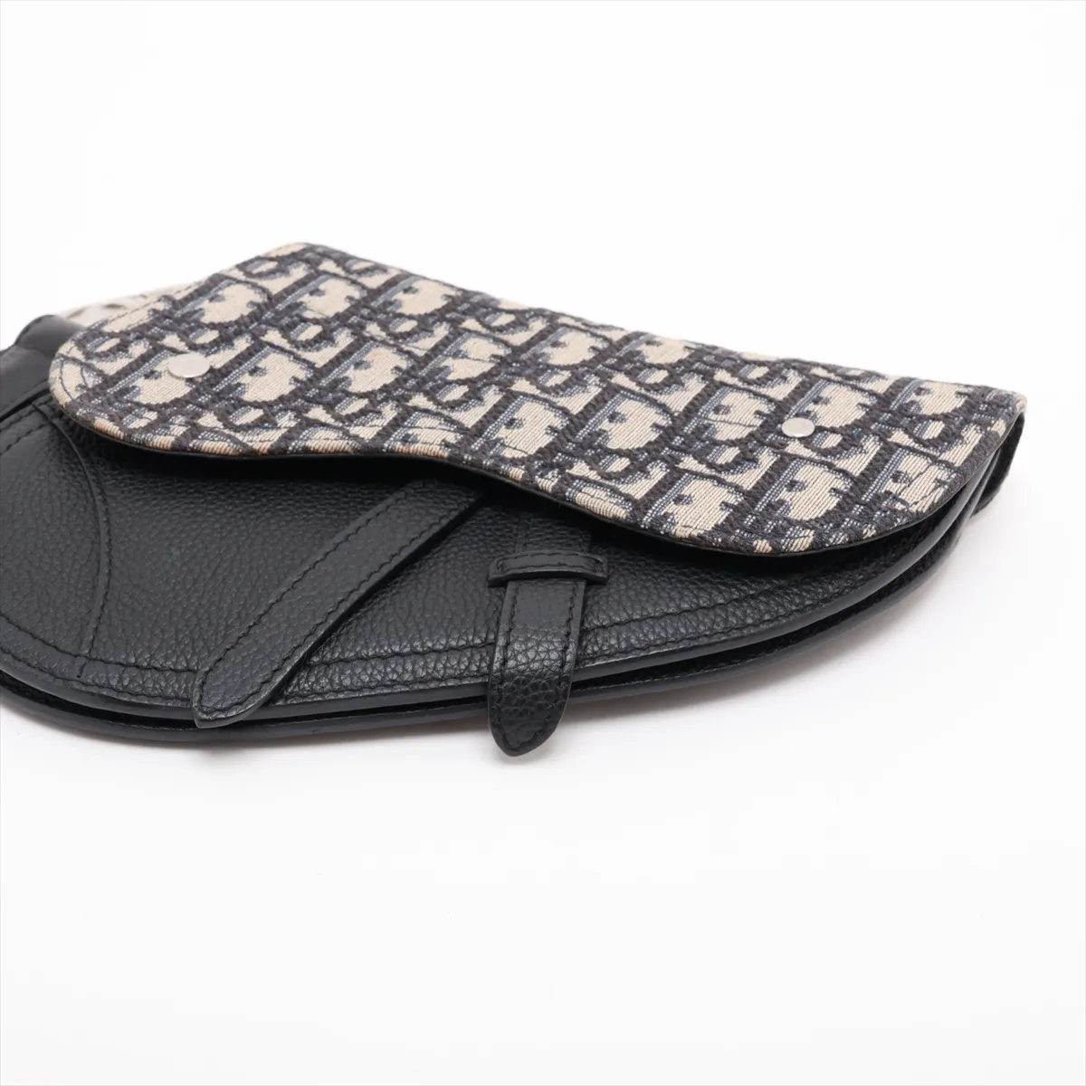Oblique Saddle Canvas x Leather Clutch Bag, Navy x Black — view 3