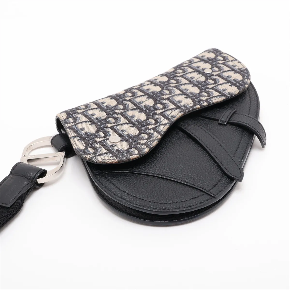 Oblique Saddle Canvas x Leather Clutch Bag, Navy x Black — view 4