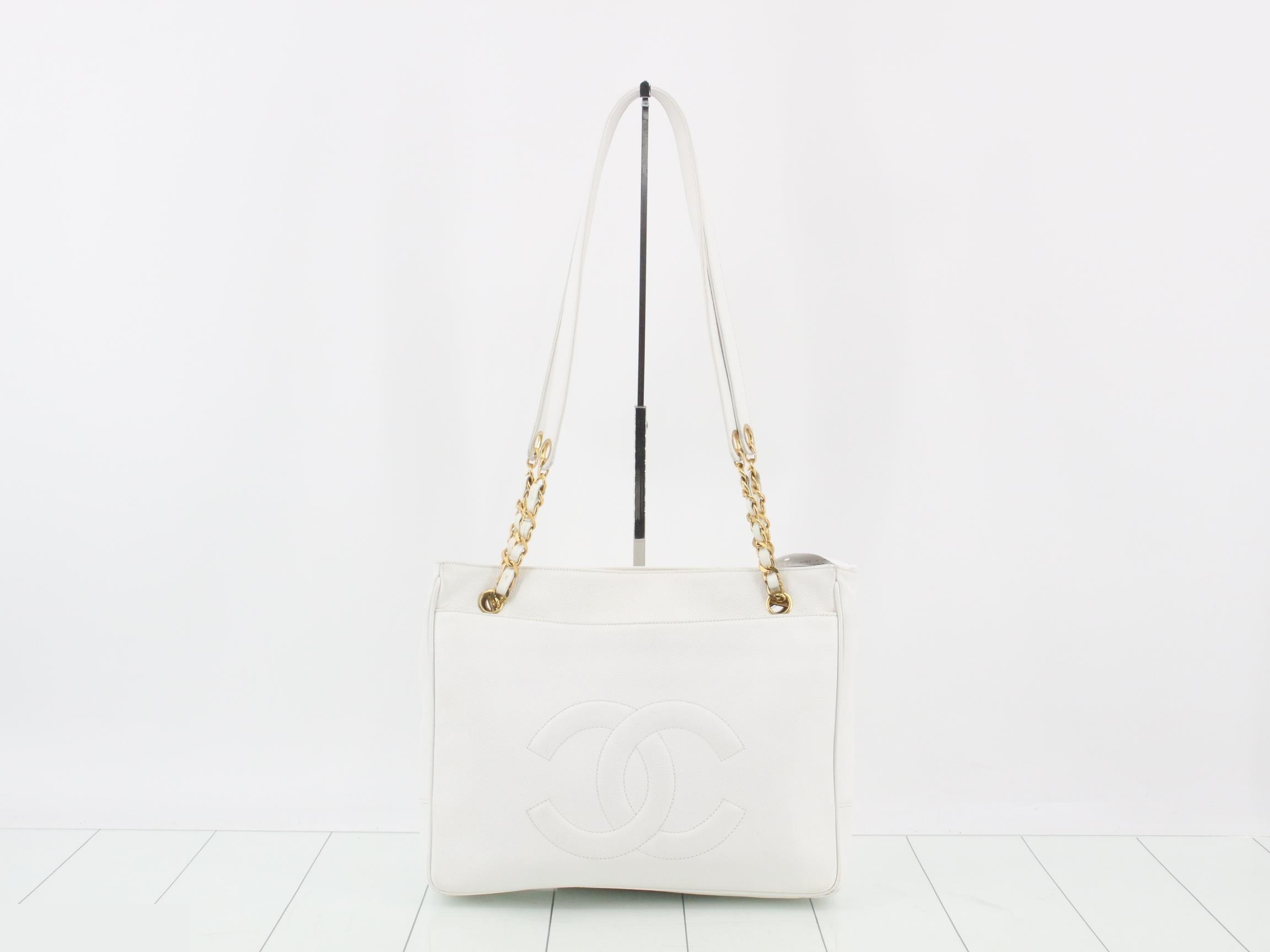 Caviar Skin Coco Mark Chain Tote Bag, White — view 2