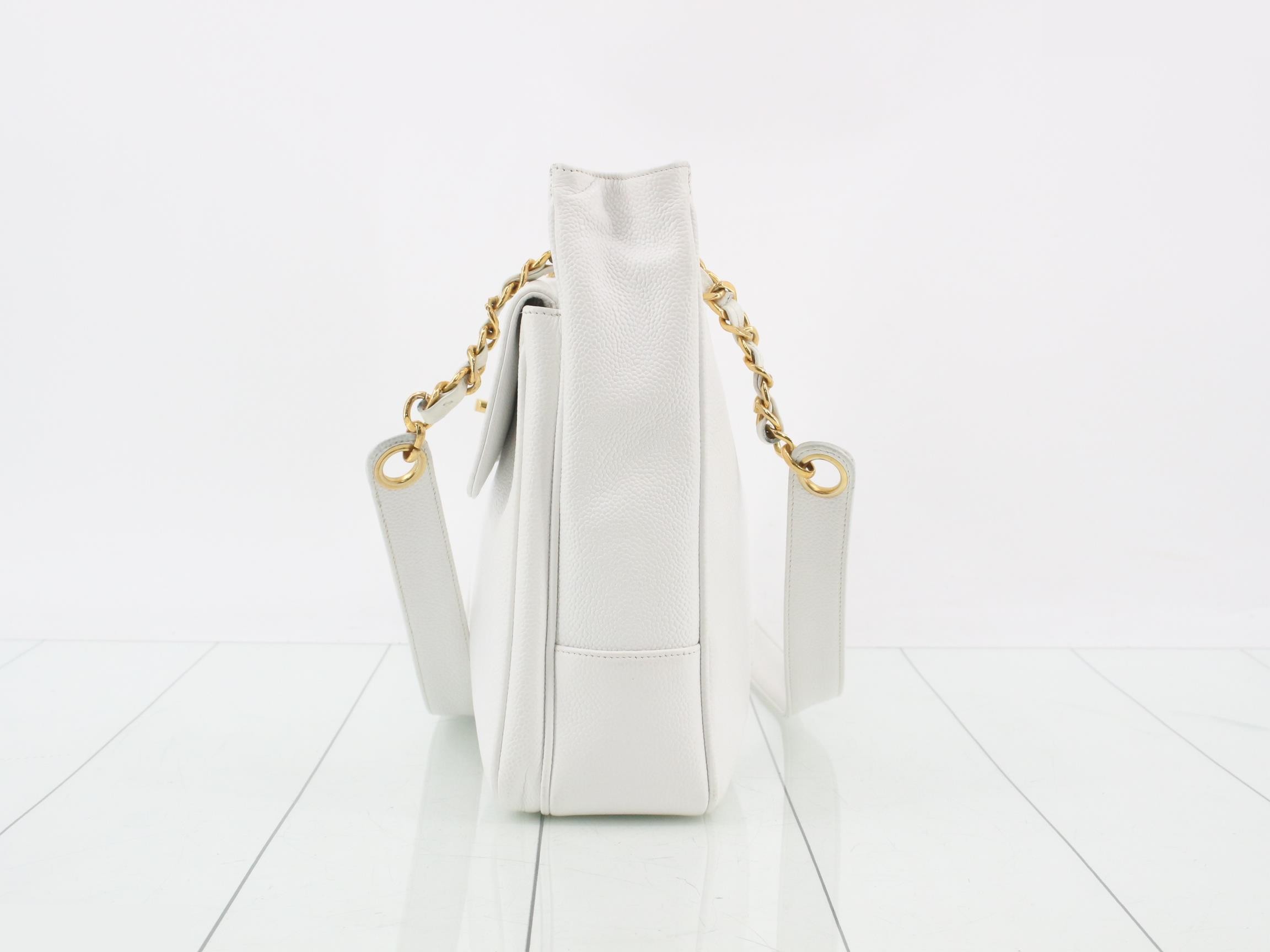 Caviar Skin Coco Mark Chain Tote Bag, White — view 3