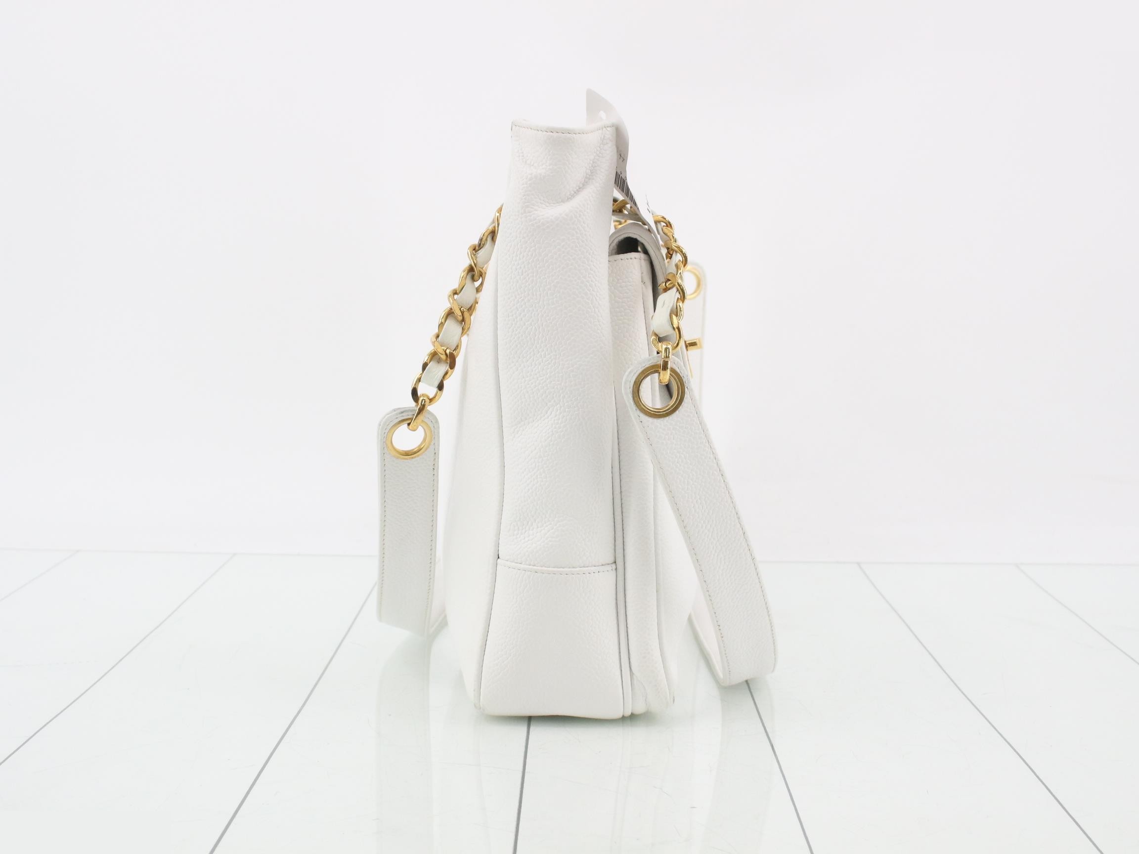Caviar Skin Coco Mark Chain Tote Bag, White — view 4