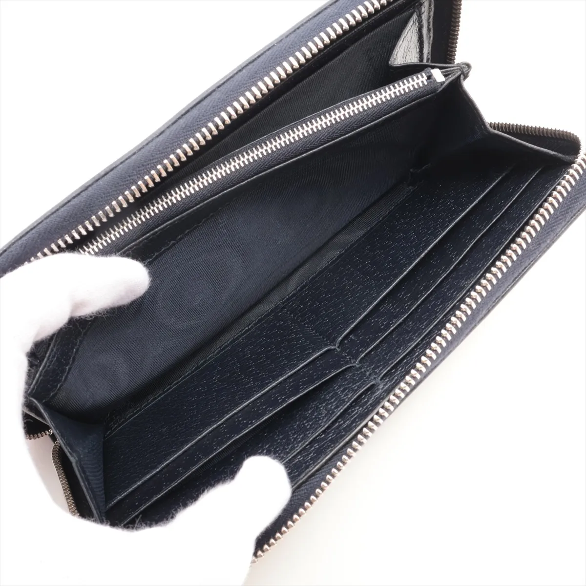 GG Supreme 673003 PVC x Leather Round Zip Wallet, Navy — view 6