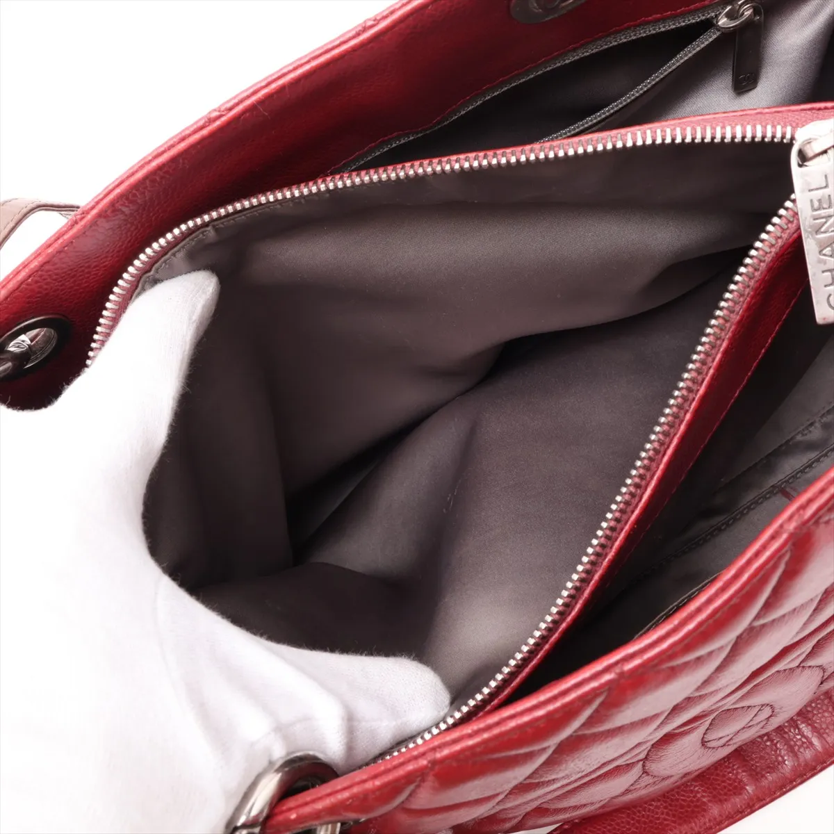 GST Caviar Skin Chain Tote Bag, Red, Gunmetal Hardware, 13357166, Serial Number 13 — view 9