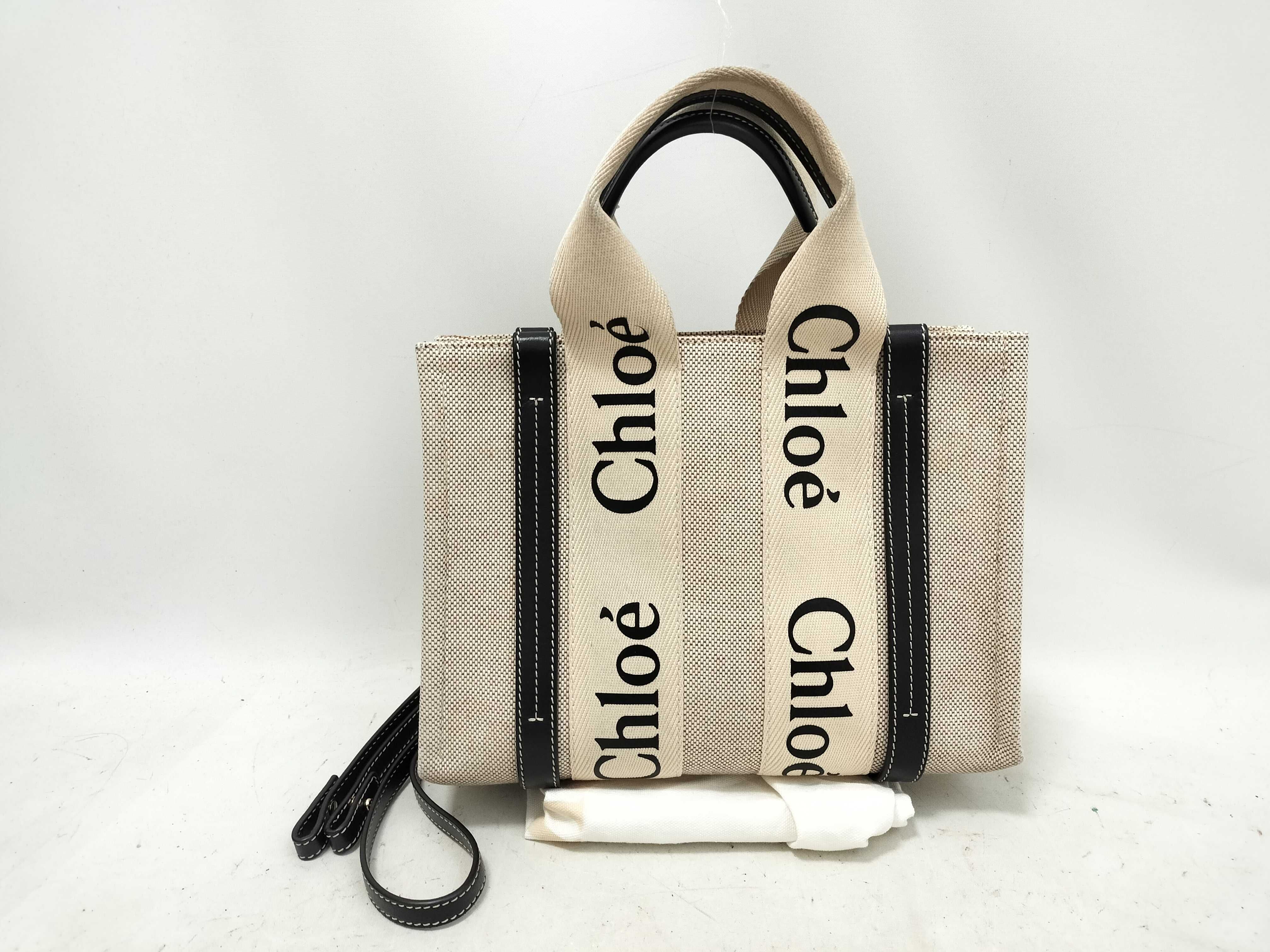 Woody Small Canvas x Leather 2-Way Handbag, Beige x Black