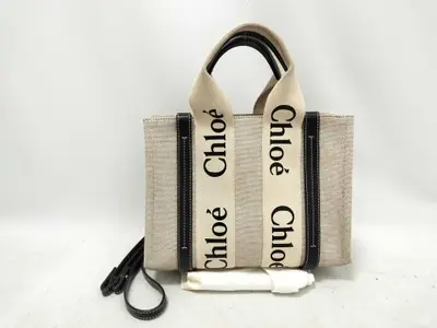 Woody Small Canvas x Leather 2-Way Handbag, Beige x Black