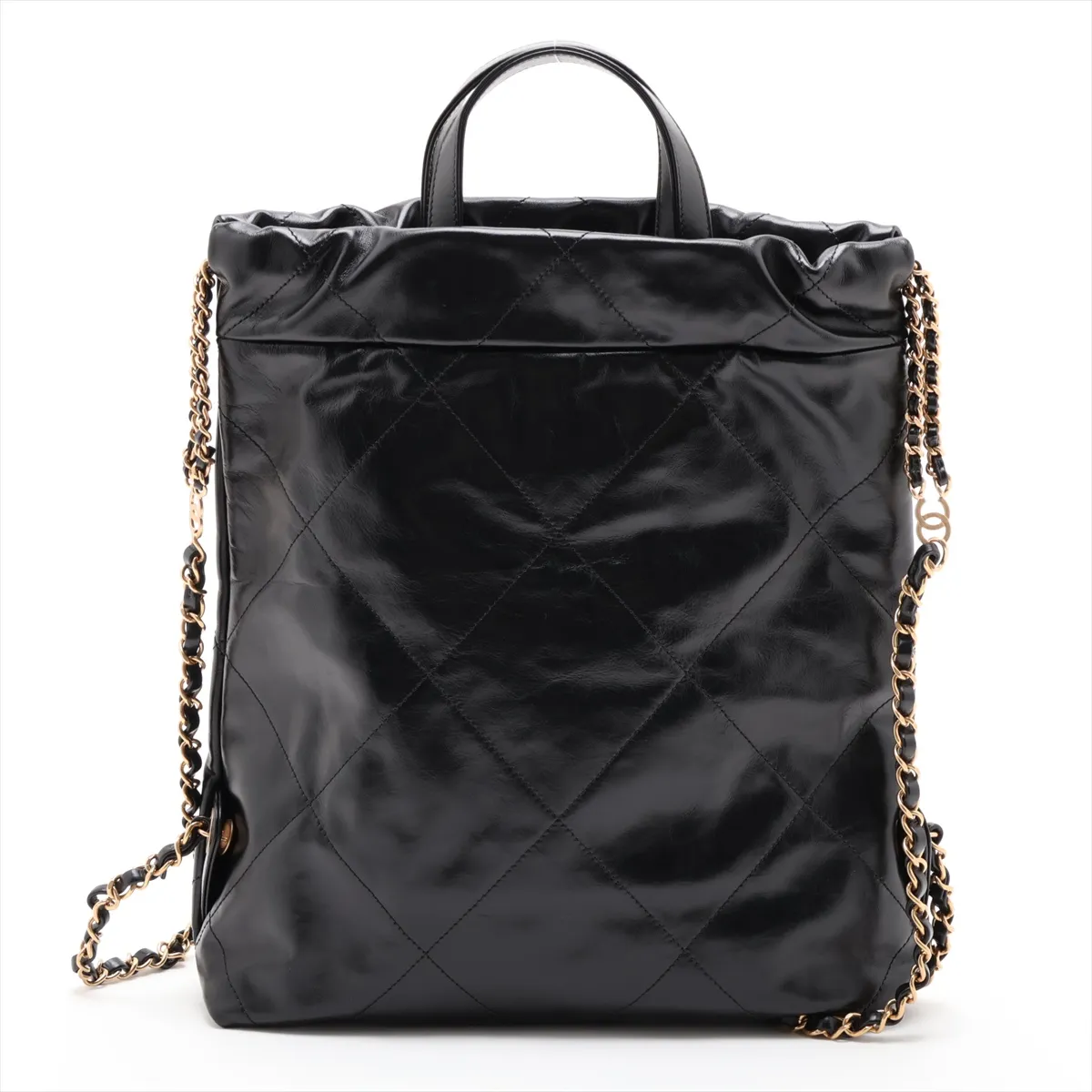22 Backpack Shiny Calfskin Chain Backpack Black Gold Hardware HHPKANPC Random Plate — view 2
